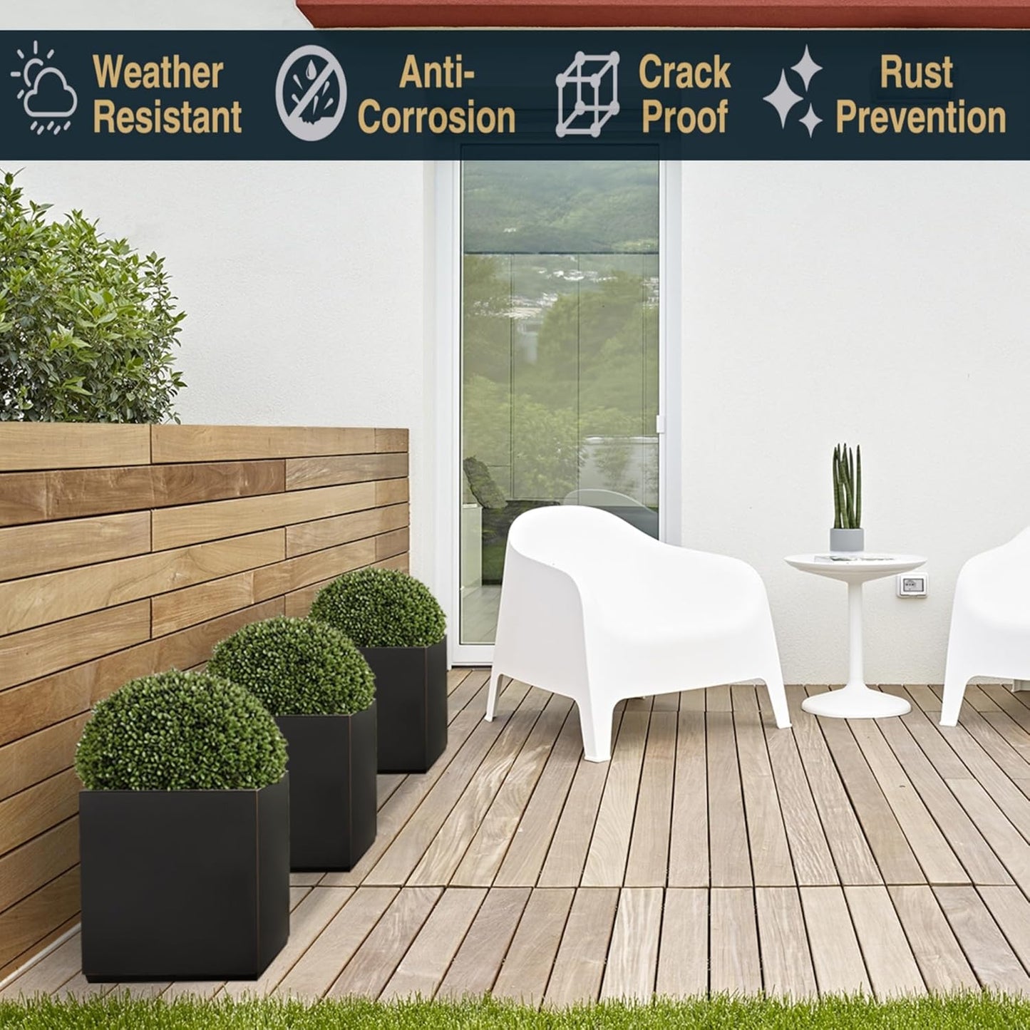 Metallic Heavy Cube Planter Box, No Assembly Required, Seamless Large Black Outdoor Planter 17”Lx17”Wx20”H 24Pounds Black with Hand Brushed Gold Rim