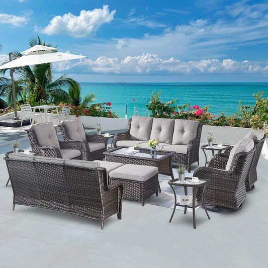 Wicker Patio Furniture Sets - 13 Piece Outdoor Rattan Furniture Conversation Sets with 4 Swivel Rocker Chairs, 2 Rattan Sofas, Wicker Ottomans and Coffee Table, Brown/Grey