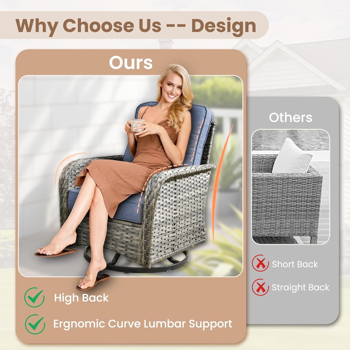 HOOOWOOO Patio Furniture Set,7 Pieces Outdoor Conversation Set,All Weather Wicker Loveseat Sofa Set with High Back Swivel Rocking Chairs Tables,Denim Blue