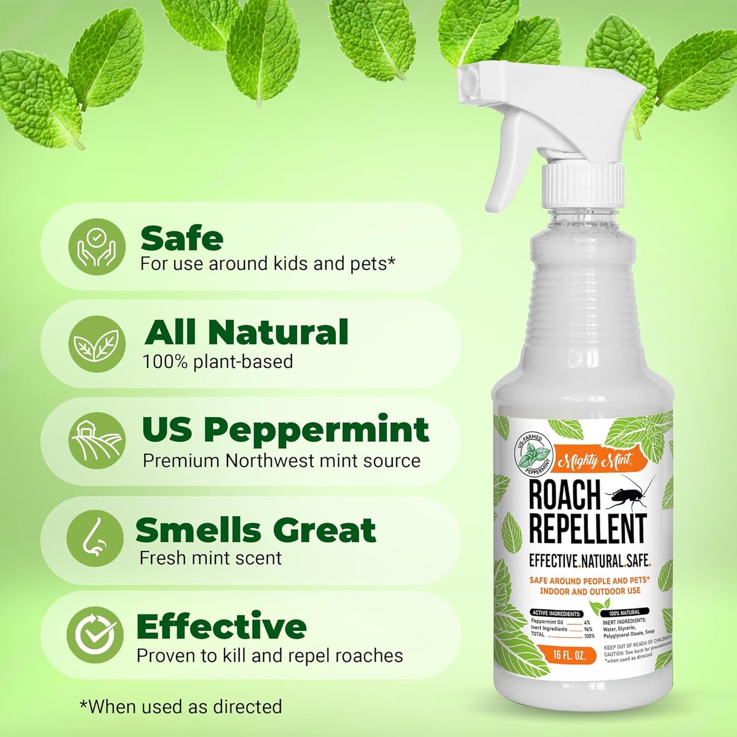 Mighty Mint Peppermint Oil Roach Repellent Spray – Natural Cockroach Killer for Indoor & Outdoor Use – Plant-Based Insect & Pest Control – 16 oz