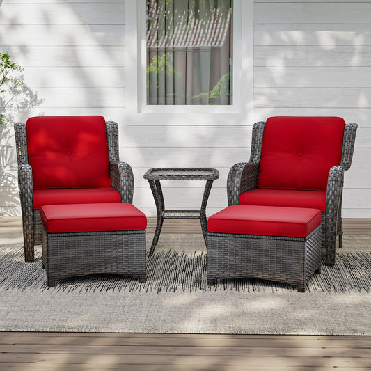 5 Pieces Patio Conversation Set, Wicker Chairs Set of 2 and Two Ottomans with 3.5-inch Seat Cushions, 1 Side Table High Back and Curved Armrest for Backyard, Balcony and Deck, Red