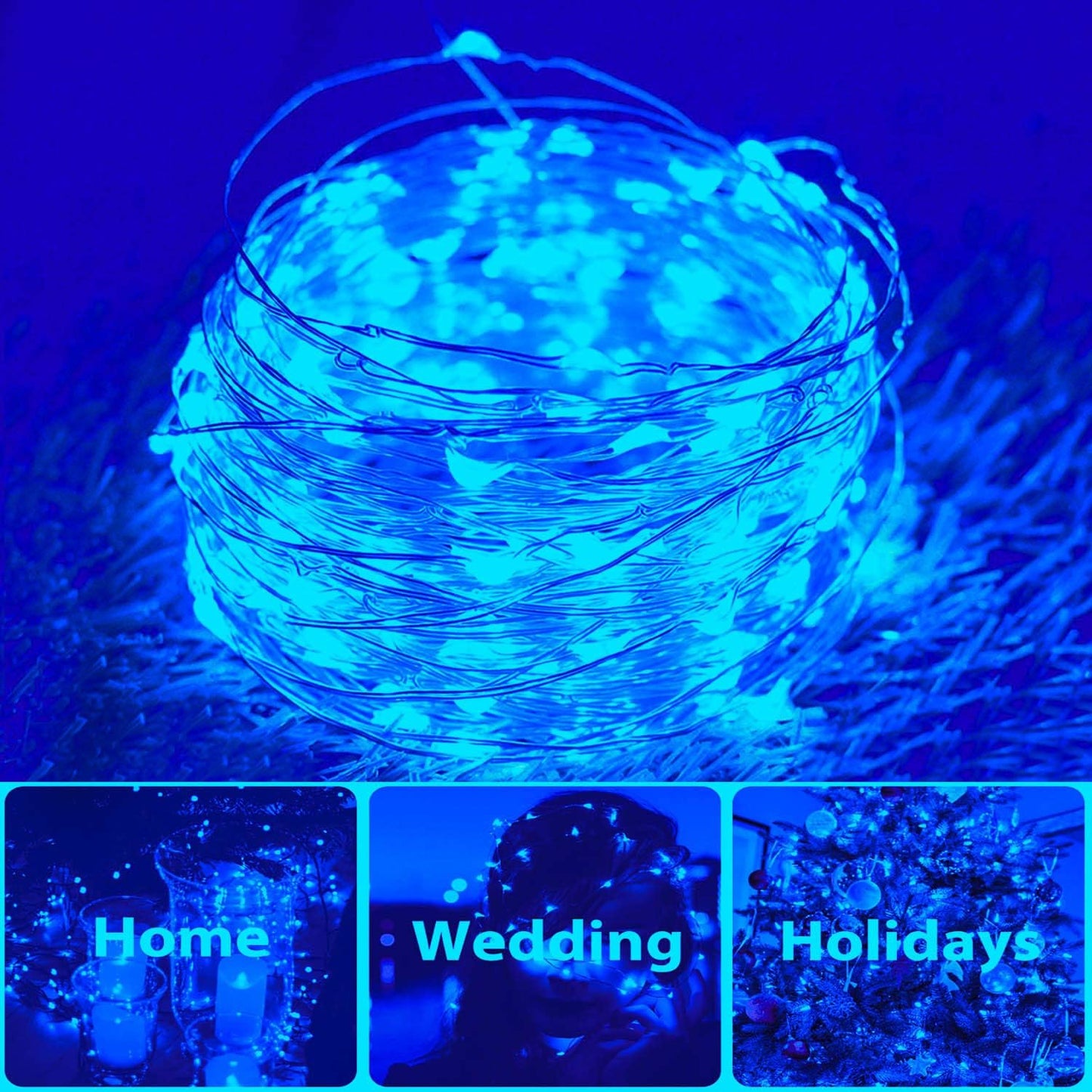 2 Pack Total 200 LED 66FT Solar Powered Copper Wire String Lights Outdoor, Waterproof, 8 Modes Fairy Lights for Garden, Patio, Party, Yard, Christmas (Blue)