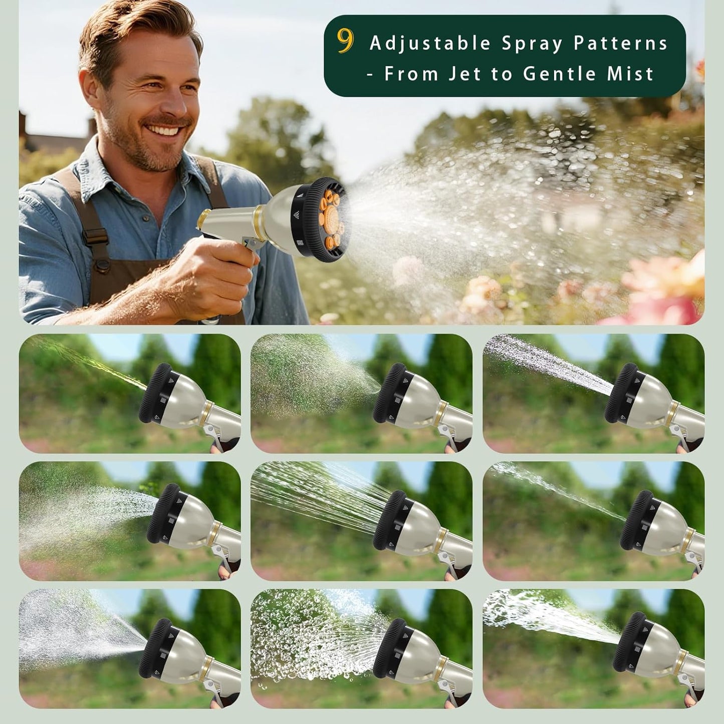 Hose nozzle - High Pressure Garden Hose Nozzle with 9 Adjustable Spray Patterns - Heavy Duty & Leak-Proof Zinc Alloy Spray Nozzles for Outdoor Use, Car Washing, and Watering Plants