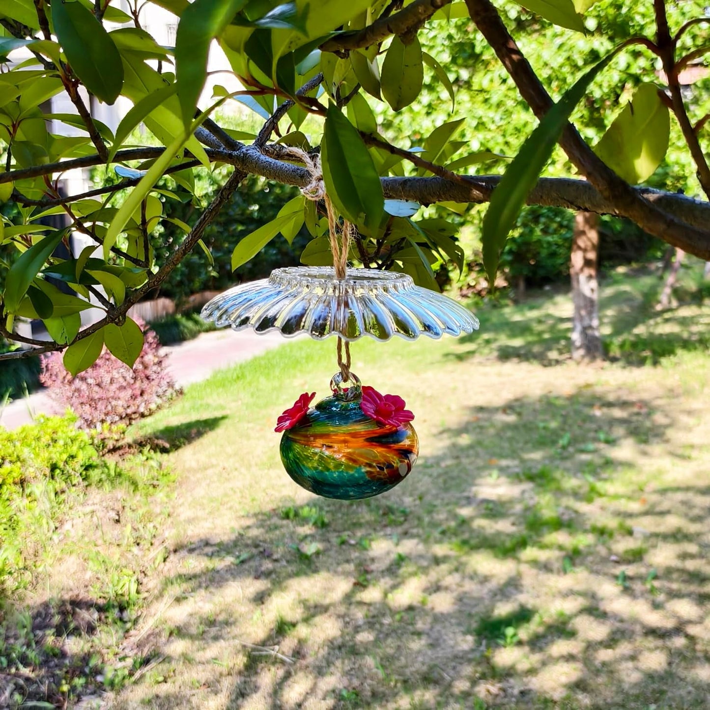 Small Glass Hummingbird Feeders for Outdoors Hanging - Hand Blown Glass Ball Nectar Feeding + Rain Cover, Multi Color with 3 Flowers Feeding Ports, Decor for Garden/Backyard Outside