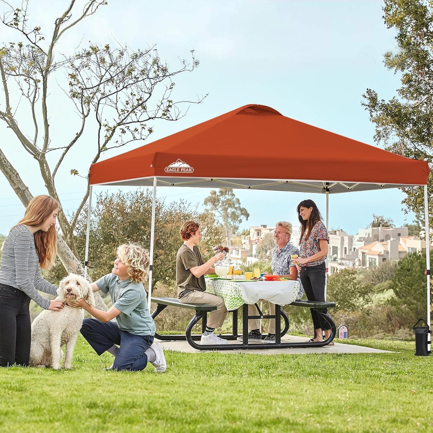 EAGLE PEAK Pop Up Canopy Tent with Wheeled Carry Bag, 8 Stakes, 4 Ropes, 4 Weight Bags, Easy Set Up Tent Canopy, 10x10 ft, 100sqft of Shade, Brick Red