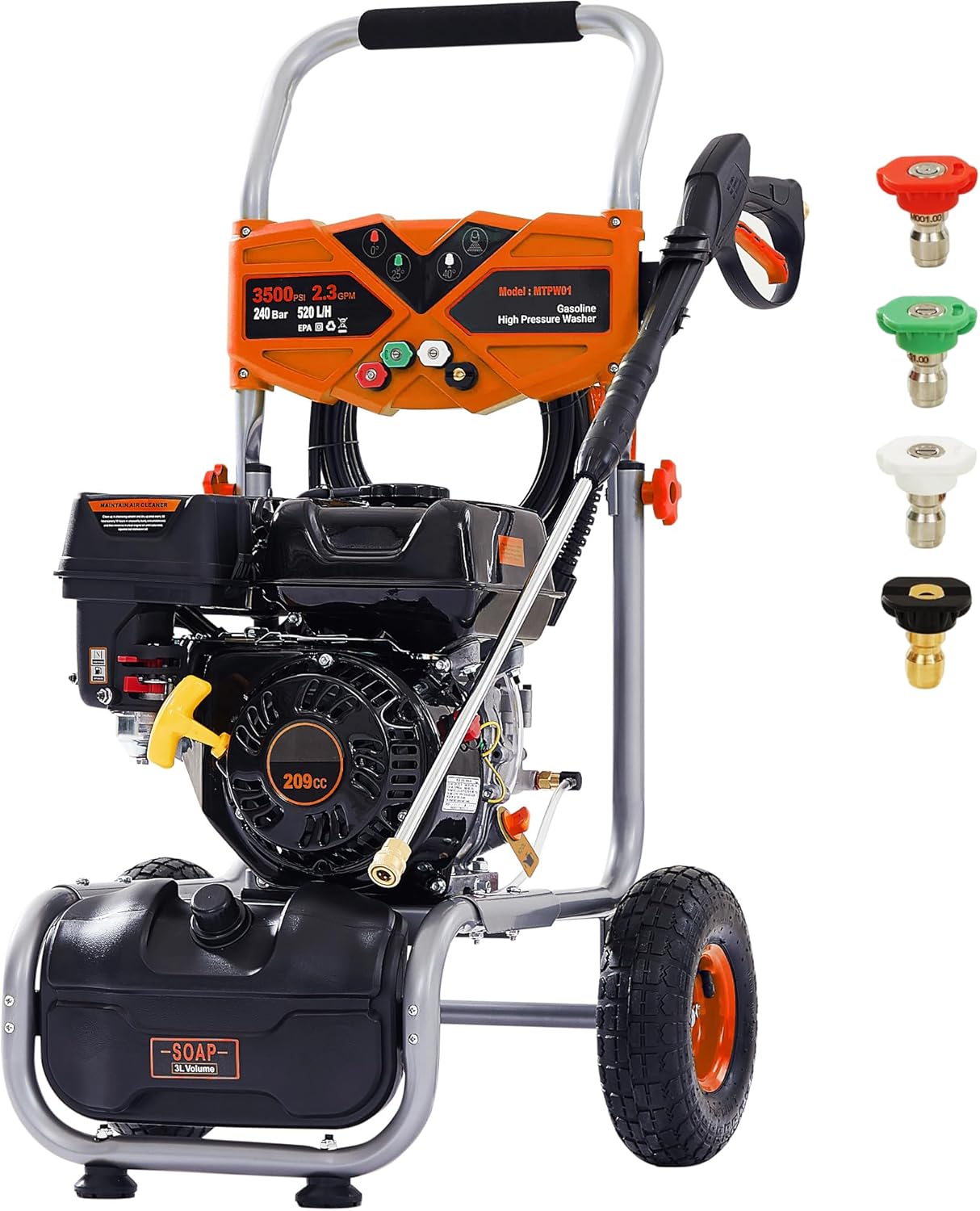 Gas Pressure Washer 3500 PSI, 2.3 GPM Heavy Duty High Power Washer,209CC 7HP Engine with 25Ft Pressure Hose, Axial Aluminum Pump, Soap Tank, Spray Gun and Wand, 4 Quick Connect Nozzle (Orange)
