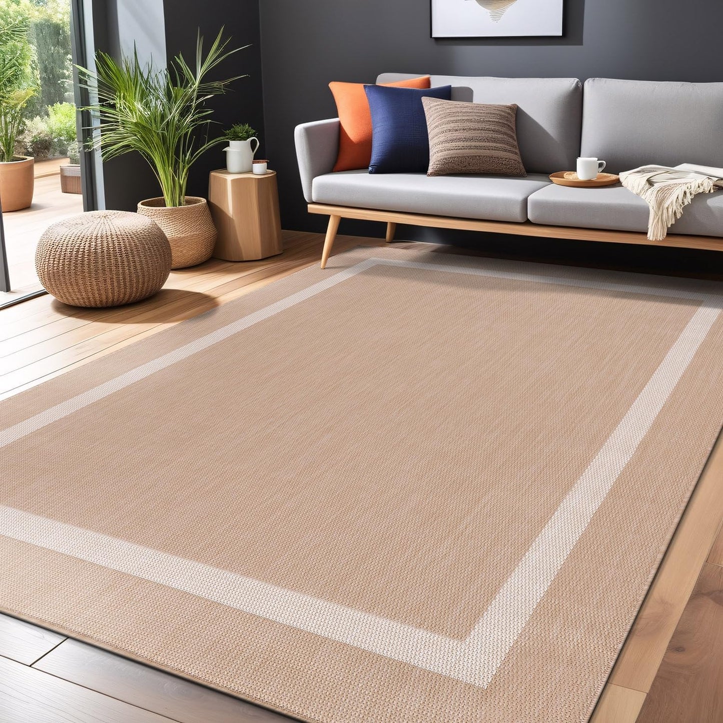 Bordered Outdoor Rug 5x7 Washable Outside Carpet for Indoor Patio Porch Waterproof Easy Cleaning Non Shedding Area Rugs Beige 5 x 7