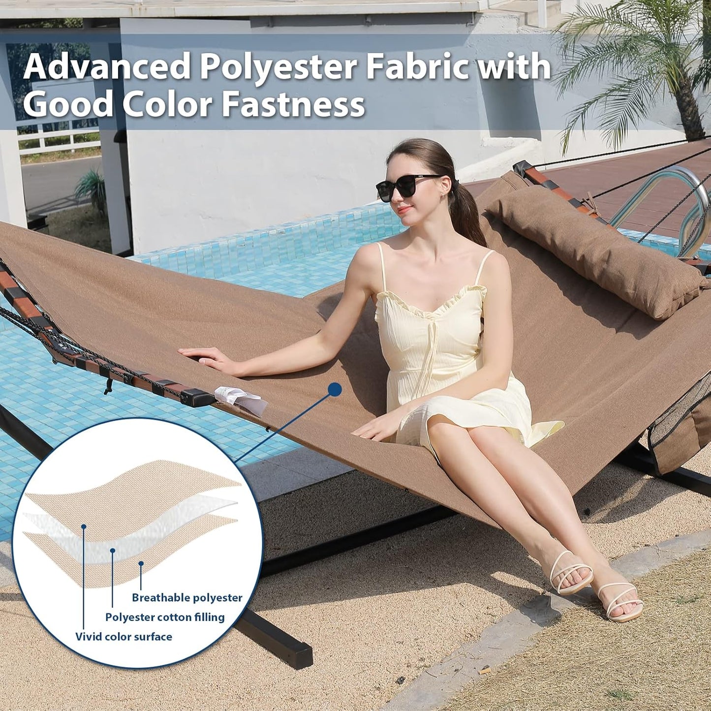 TegerDeger 12FT 2 Person Hammock with Stand Included 55 x 79IN Large Hammock 450LB Capacity with Hardwood Spreader Bar & Nylon Rope for Outside, Patio, Garden, Backyard, Beach, Poolside - Brown