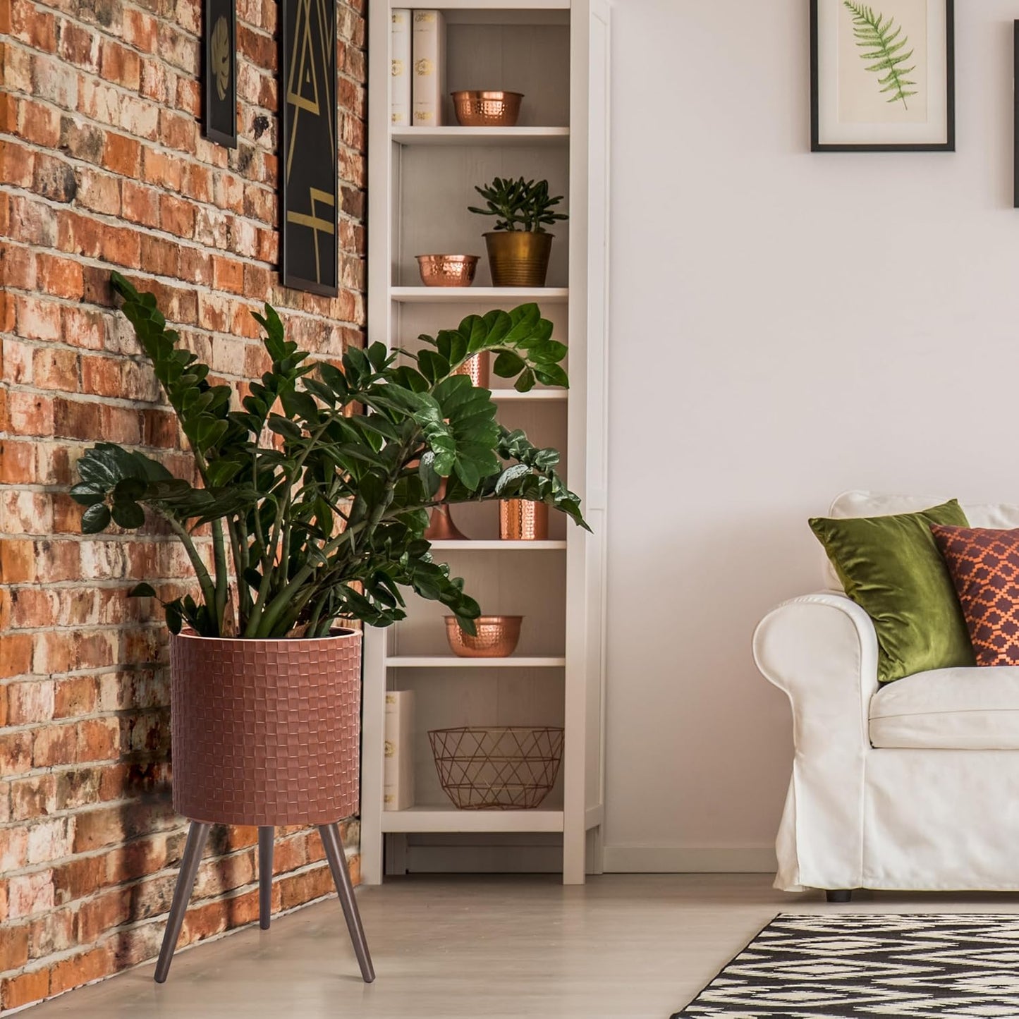 D'vine Dev 14 Inch Modern Geometric Tile Patterned Sleek Planter Pot with Stand, Indoor Outdoor Decorative Plant Holder, Terra Cotta, 88-Z-D-3