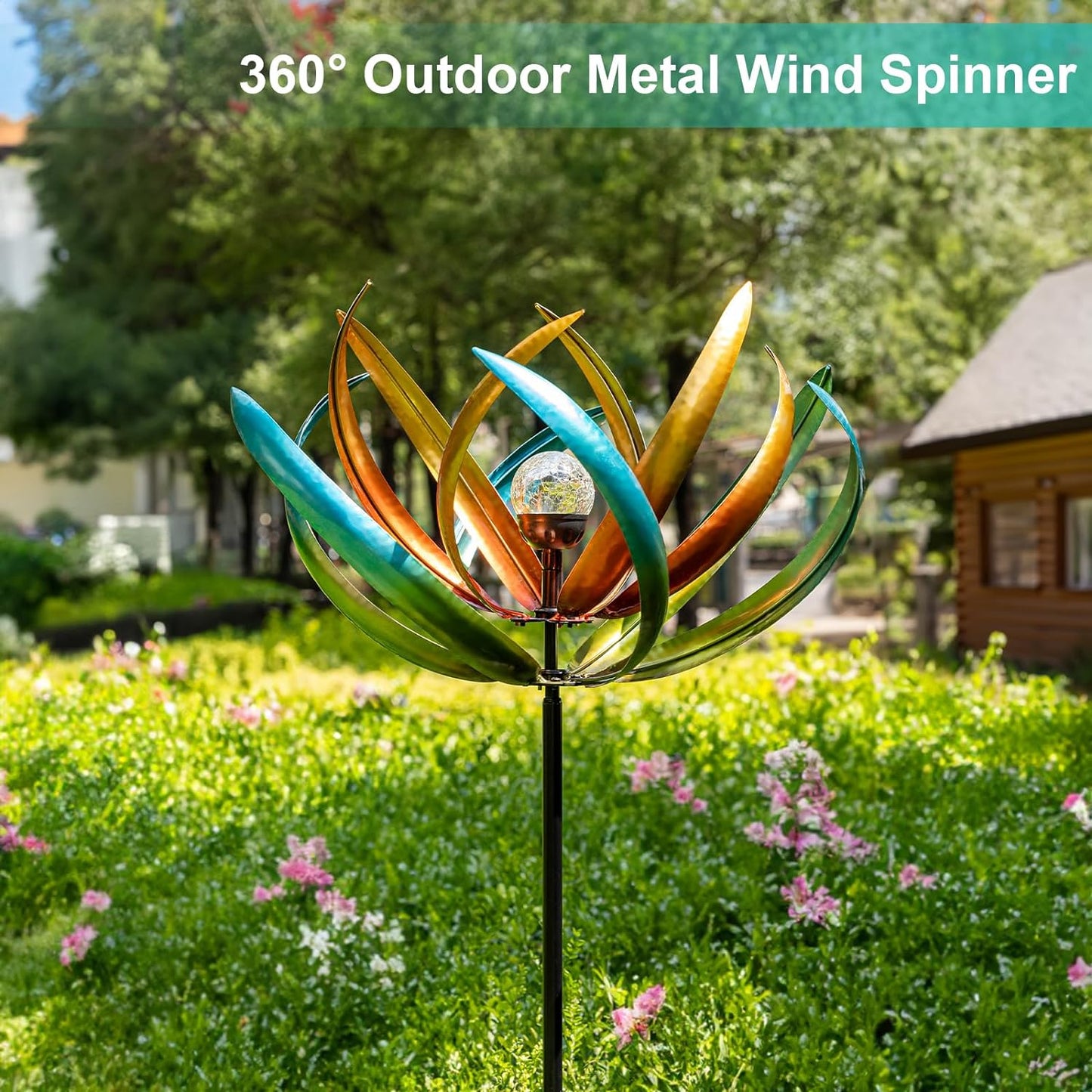 Large Solar Wind Spinners for Yard and Garden-82.6 Inch 360° Metal Wind Sculptures Outdoor Clearance Kinetic Windmills with Multi Color Led Glass Ball