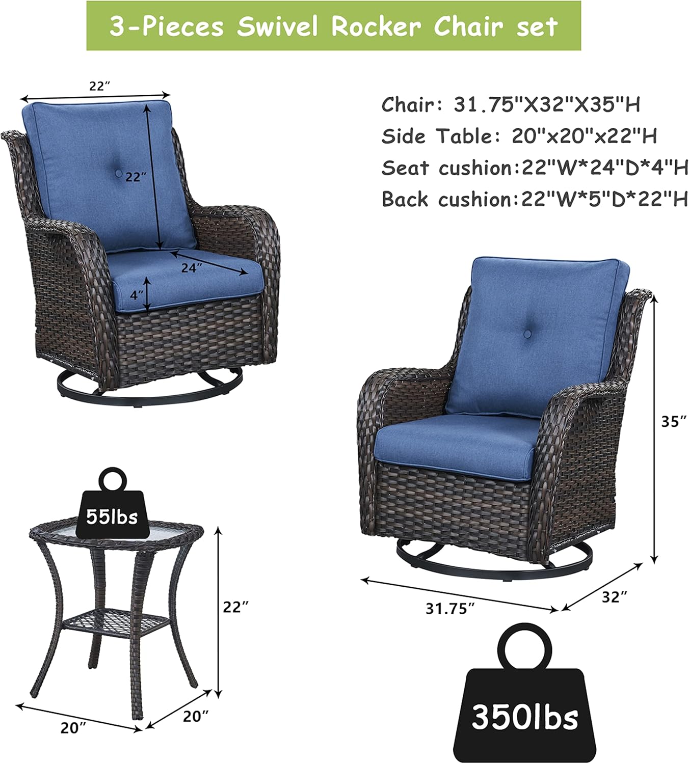 Outdoor Patio Swivel Rocker Chairs - 3 Piece Patio Bistro Set,Wicker Patio Furniture Set with 2 Swivel Rocking Chairs and 1 Glass Top Side Table for Deck Porch Garden,Brown/Blue