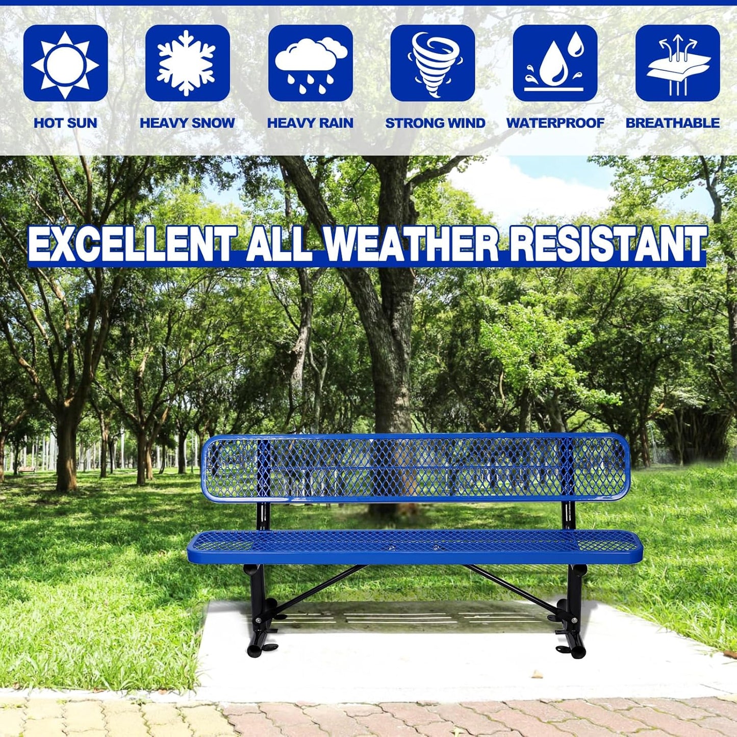 Heavy Duty Park Bench with Back Portable Frame, Outdoor Metal Park Bench with Backrest, Steel Mesh Outdoor Bench for Garden, Lawn, Patio, Porch, Park, Yard (Blue, 72.4" L x 23.2" W x 32.5" H)