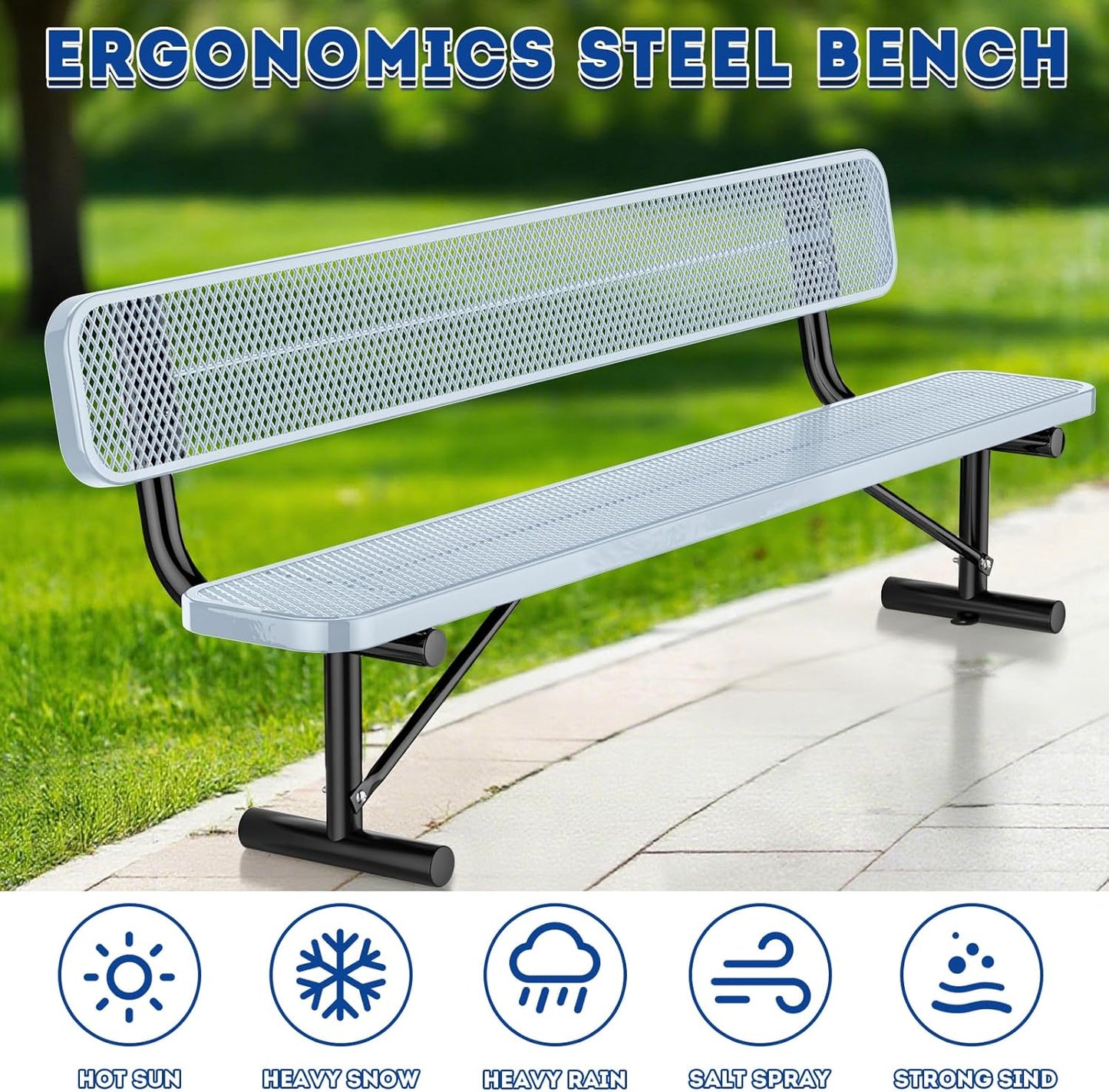 8Ft Heavy Duty Park Bench with Back Portable Frame, Outdoor Steel Bench with Backrest, Expanded Metal Mesh Bench for Lawn, Park, Deck, Garden, Patio, Porch, Grey