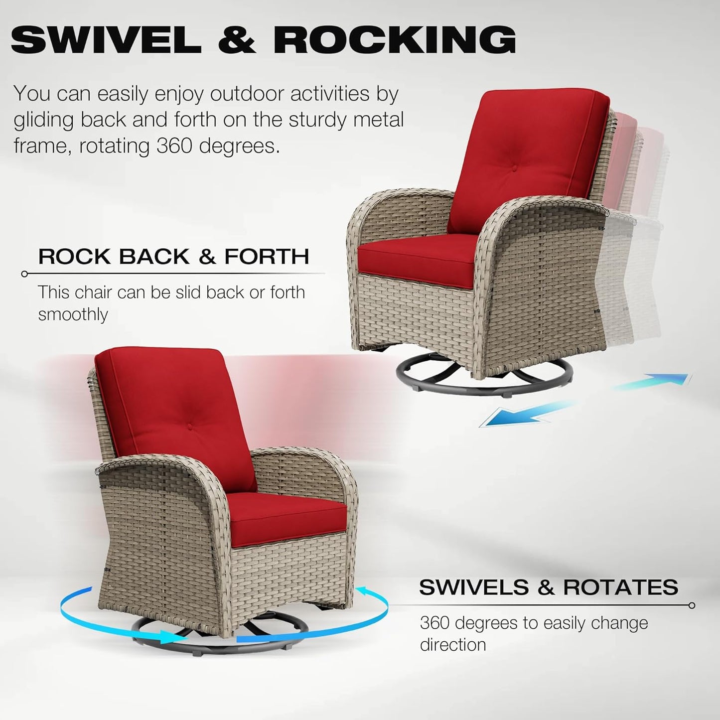 Joyside Outdoor Swivel Rocker Chairs, 3 Piece Wicker Patio Set with Thick Cushion and Side Table, Rattan Patio Swivel Rocking Chairs for Porch, Deck Use (Natural/Red, 3 PCS)