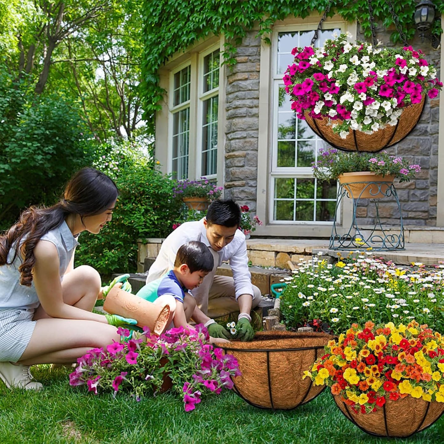 Halatool 4 PCS 14 Inch Coconut Liners for Planters Round Hanging Basket Liners 100% Natural Replacement Coconut Fiber Liner for Garden Flower Pot Vegetables Herbs