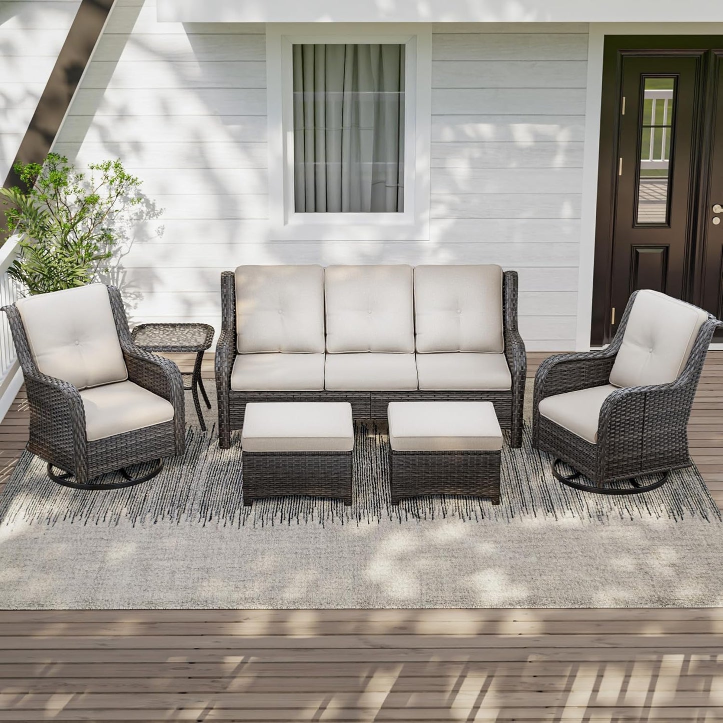 Wicker Patio Furniture Set 6 Piece, Outdoor Furniture Patio Conversation Set Includes 1 Three-Seat Sofa, 2 Swivel Rocker Chairs, 2 Ottomans and 1 Side Table,Beige