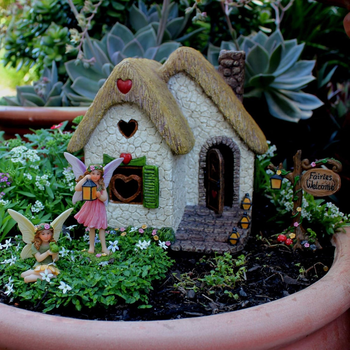PRETMANNS Fairy House Kit - Fairy Garden Accessories for Outdoor Miniature Village Decor, with Fairies & Sign - House, 7’ High & Door can Open Wide - 4 Piece Supplies