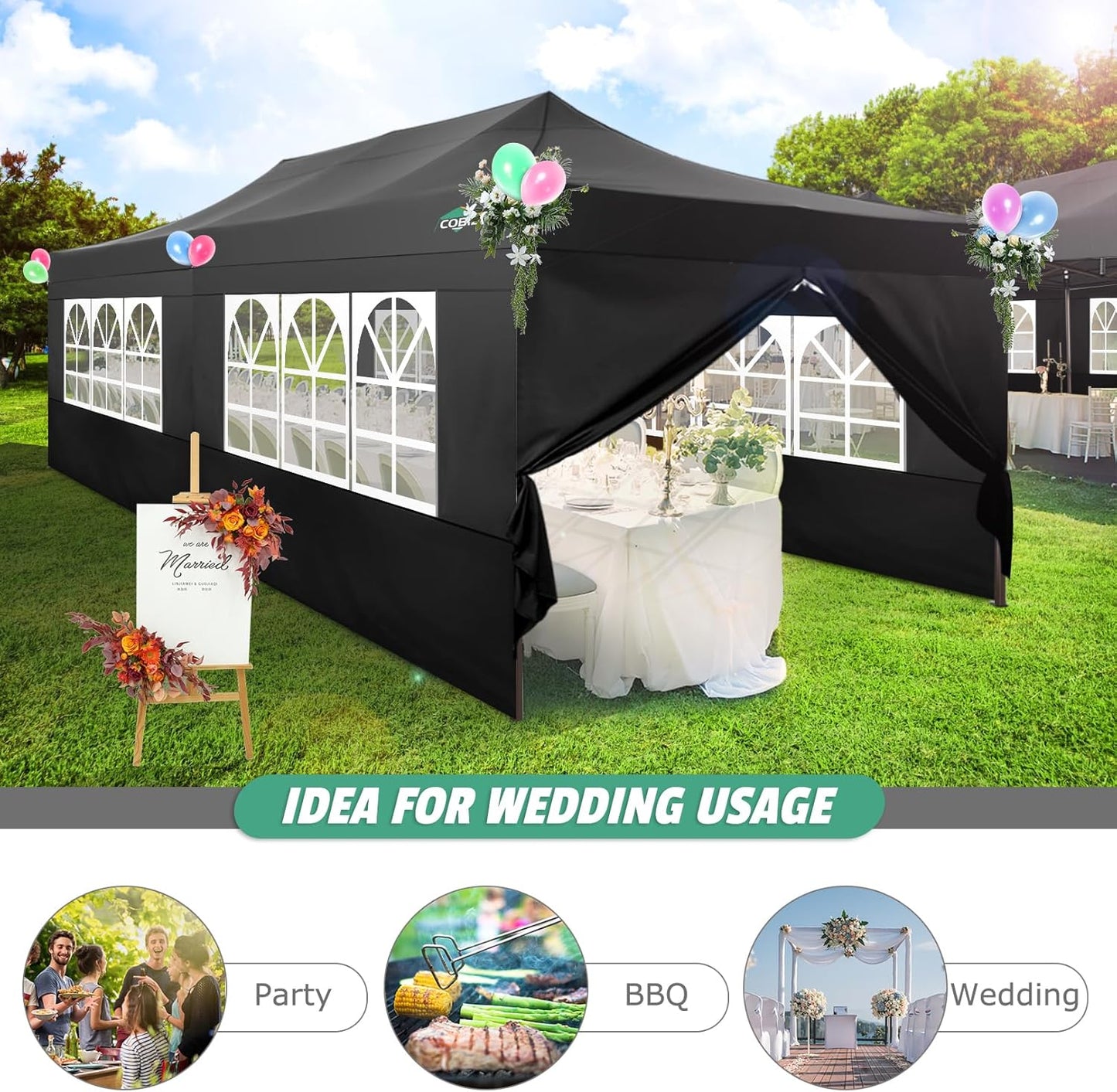 COBIZI 10x20 Pop Up Canopy Heavy Duty with 6 Sidewalls, Commercial Heavy Duty Pop Up Tent for Parties All Weather Waterproof and UV 50+ Wedding Tent with Roller Bag(Legs Upgraded),Black