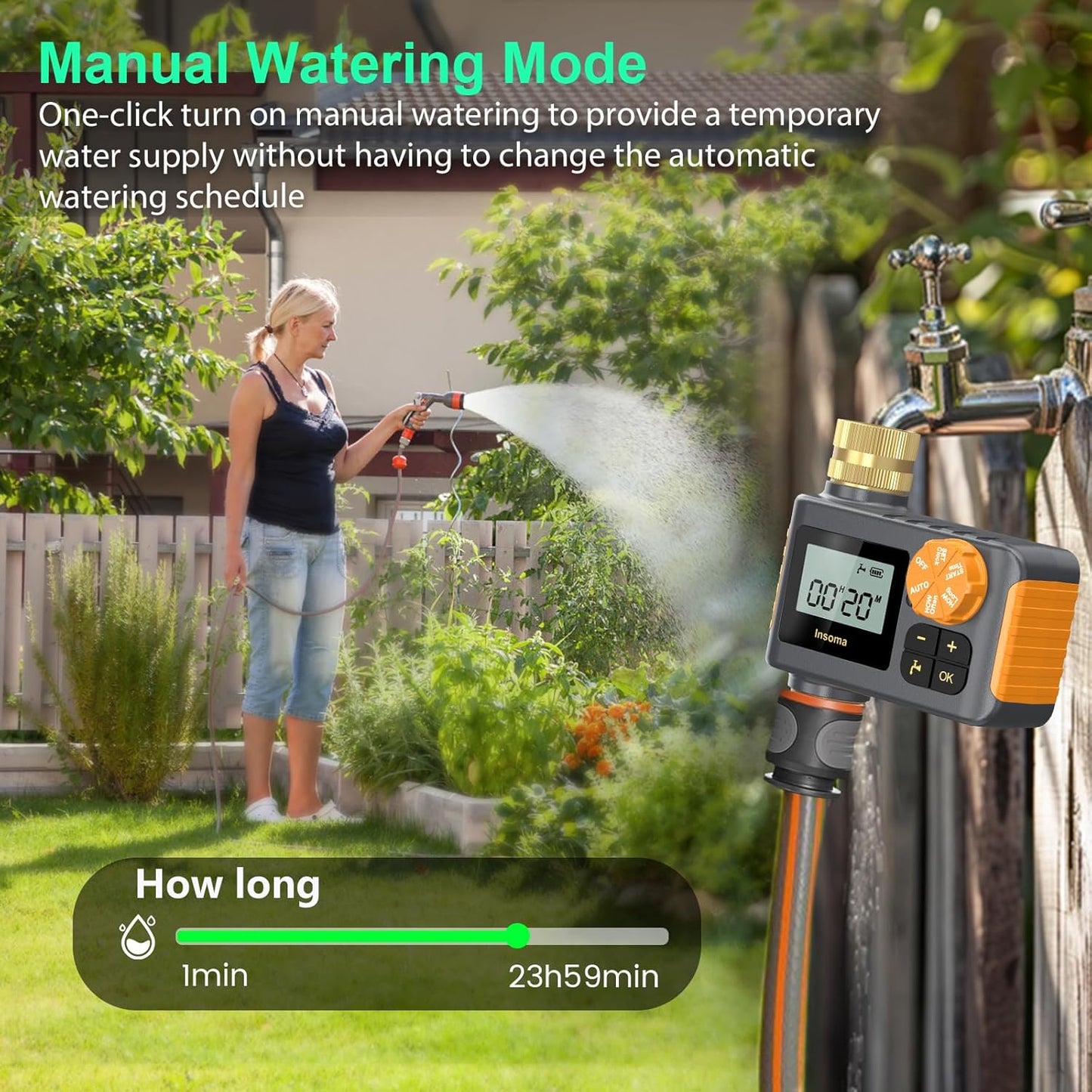 Digital Water Timer 1 Zone Brass Inlet & Outlet, Programmable Water Timer for Garden Hose, Automatic Control | Manual ON/Off | Rain Delay for Outdoor Faucet, Drip Irrigation and Lawn Watering System