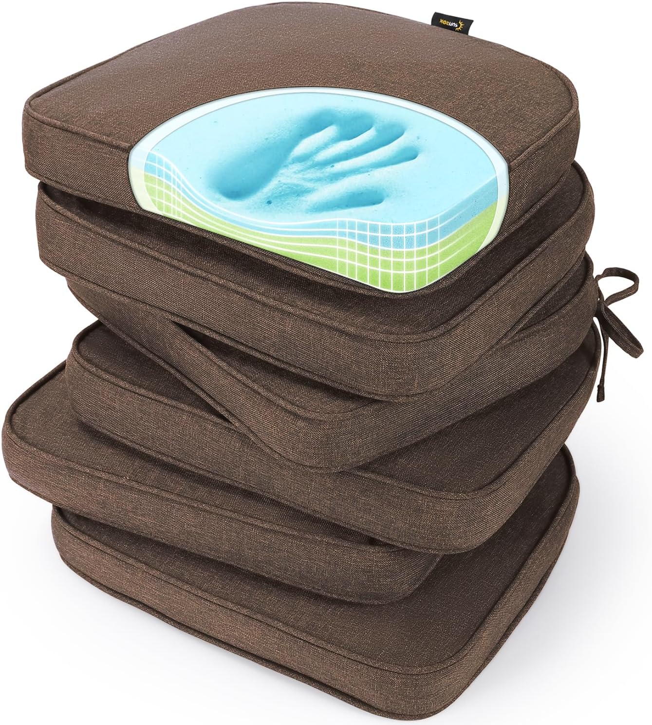 SUNROX Gel Memory Foam Chair Cushions, FadeShield Water-, Stain-Resistant Durable Reversible Seat Cushion Pads with Ties for Indoor/Outdoor Kitchen Dining Office 17"x16" Set of 6, Heather Chestnut