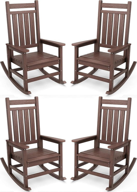 SERWALL Outdoor Rocking Chair Set of 4, HDPE Rocking Chairs for Adult, All Weather Porch Rockers for Lawn Garden, Brown