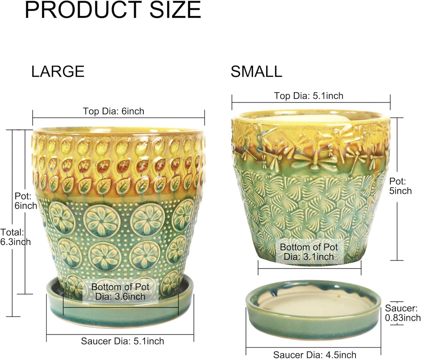 6 Inch + 5 Inch Ceramic Planter Pot with Drainage Holes, Saucers and Mesh Pads for Indoor-Outdoor Plants, Succulent Orchid Flower, Round Plant Pots, Set of 2