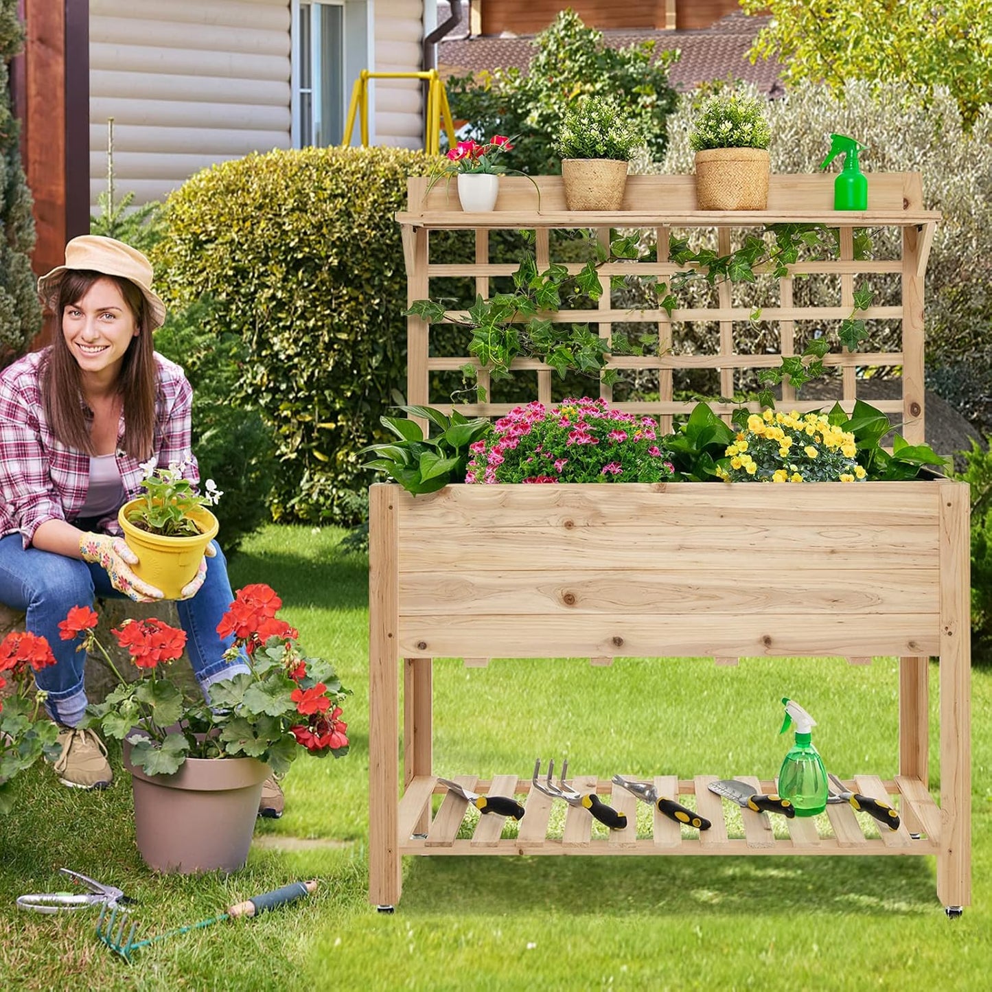S AFSTAR Raised Garden Bed with Trellis, 41.5x16x54in Mobile Elevated Planter Box with Wheels, Bed Liner, Top/Bottom Storage Shelves, Freestanding Wood Planter Stand for Garden Patio Balcony