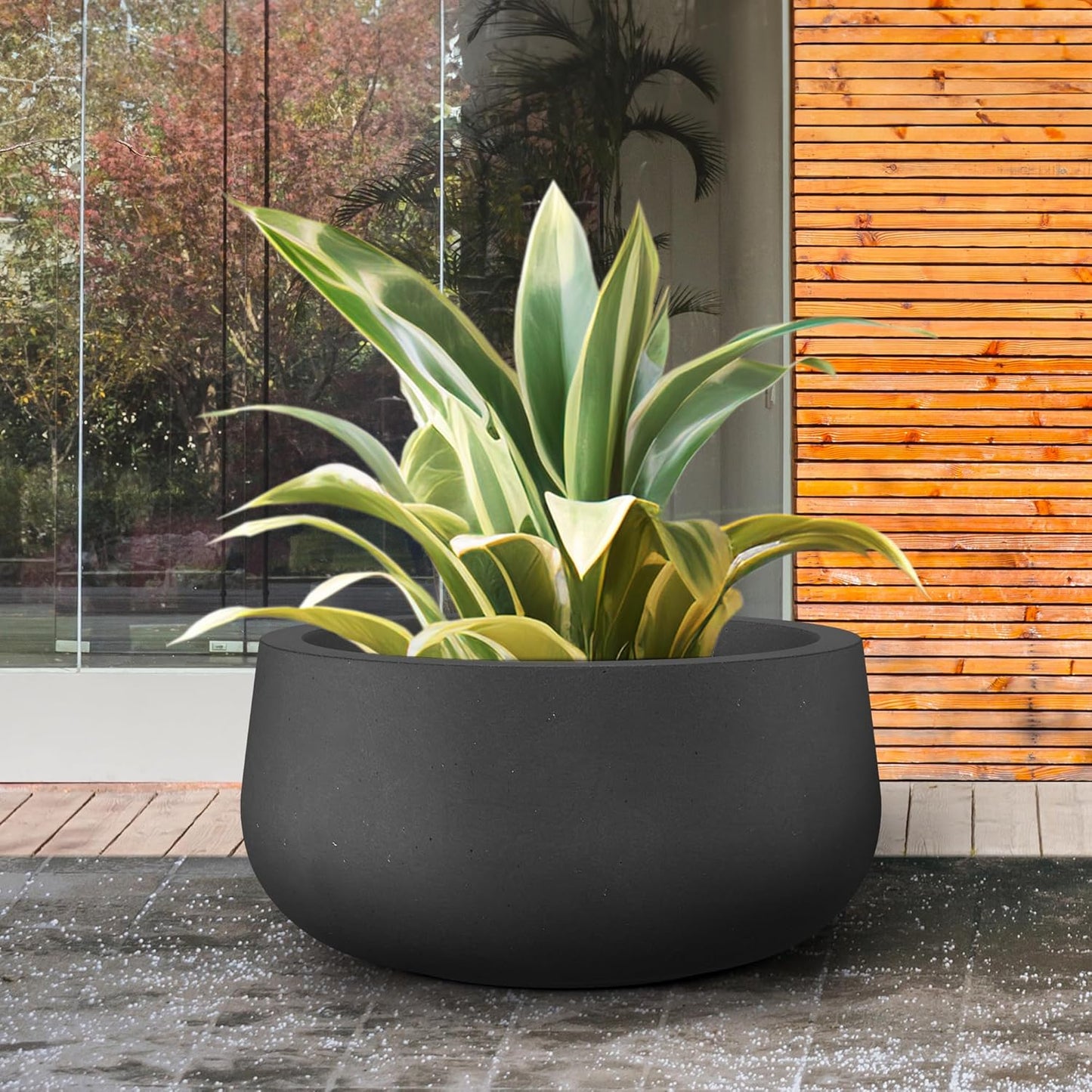 Kante 19.6" Dia Round Concrete Planter, Cement Plant Pots with Drainage Hole and Rubber Plug for Outdoor Indoor Garden Home, Modern Curvaceous Design, Black