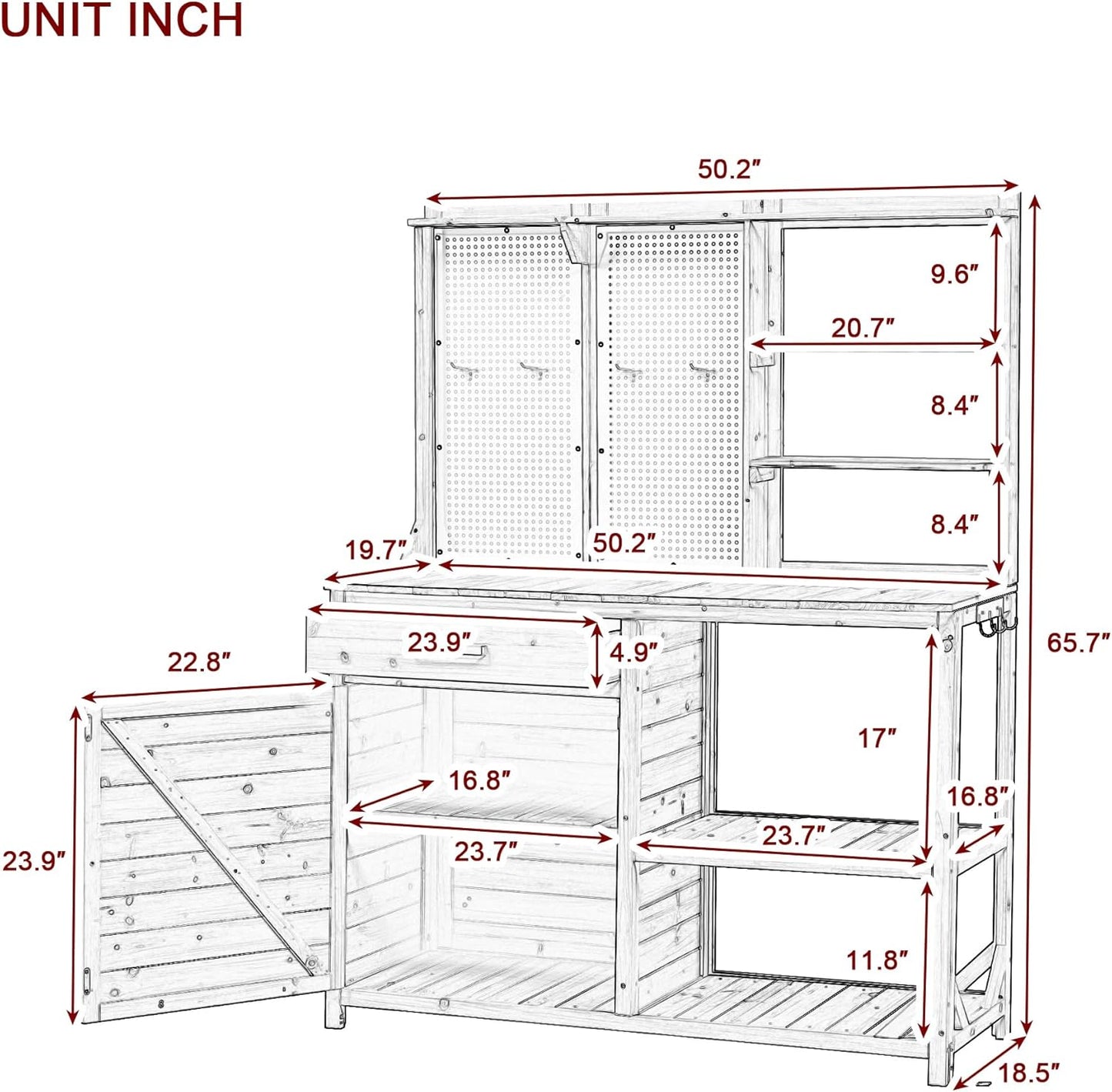 Fir Wood Potting Bench with Hutch - Outdoor Garden Workstation with 4 Shelves, Drawer & Adjustable Storage, 50.2" Countertop, & Pegboard (Brown + Wood + Rustic)