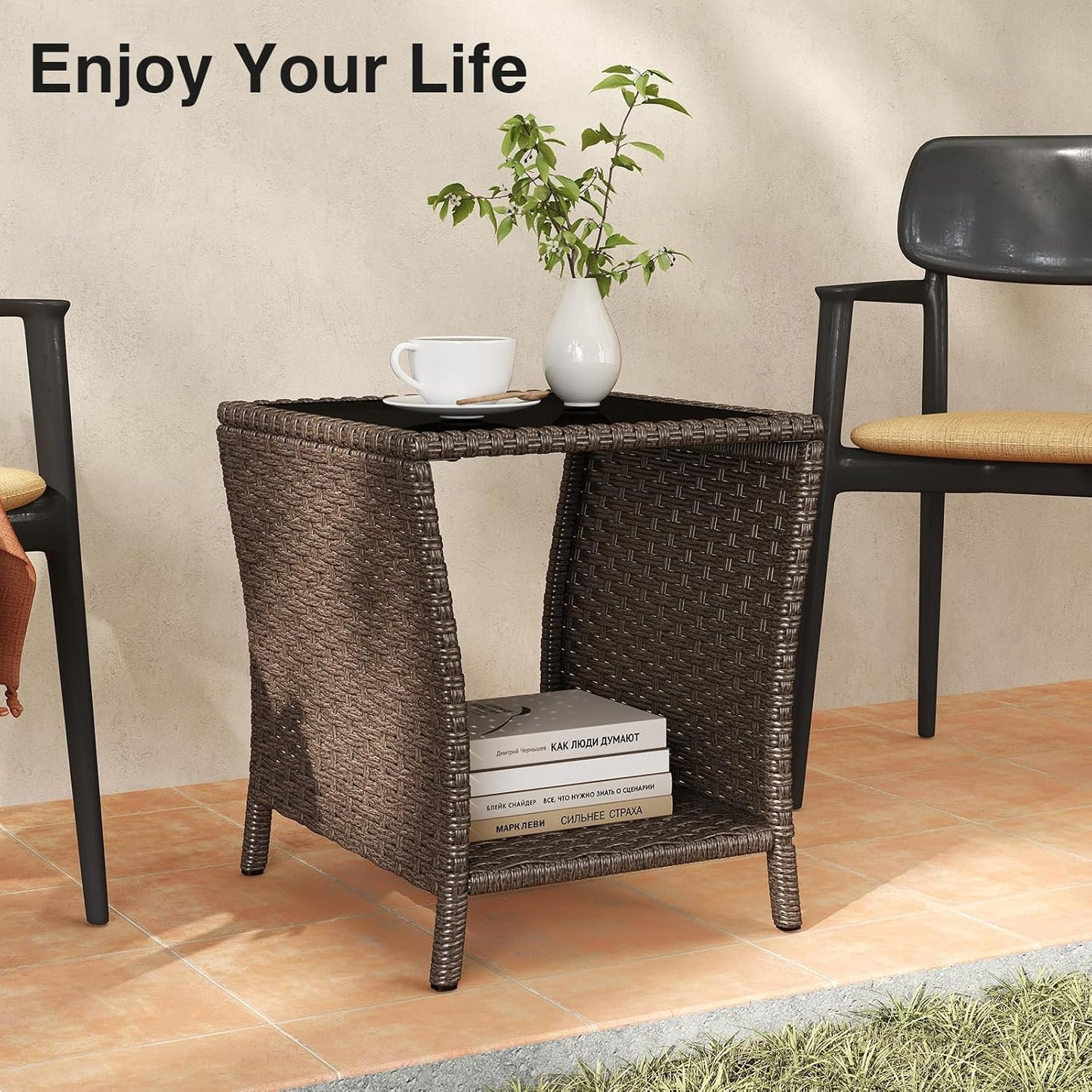 Outdoor Small Patio Table - PE Rattan Coffee Table, Wicker Side Table for Patio, Balcony & Porch, Durable & Iron Frame (1, Dark Brown)