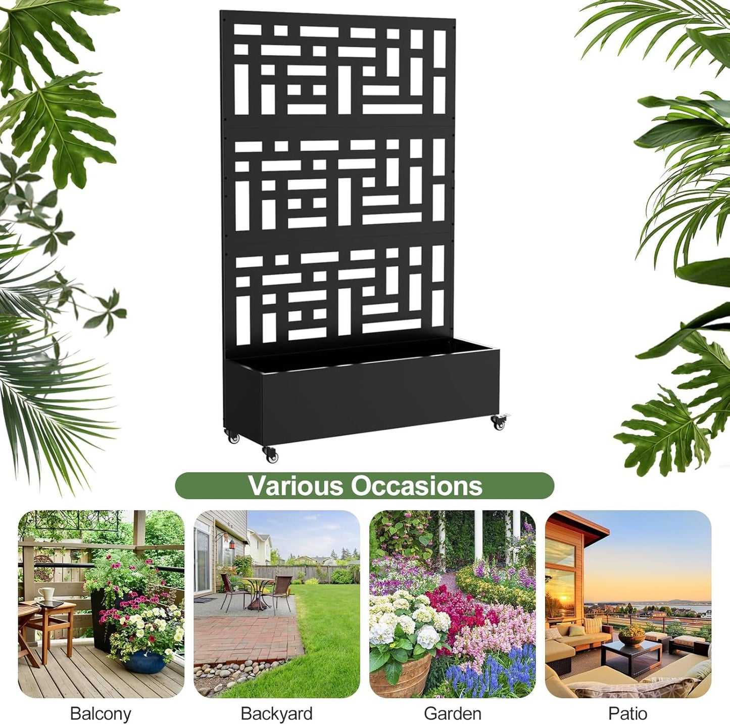 Metal Planter Box with Trellis, 71"x 47"x 16" Raised Garden Bed with Trellis & Wheels, Privacy Planters for Patio, Planter Box with Drainage Holes for Climbing Plants, Flower, Vegetable