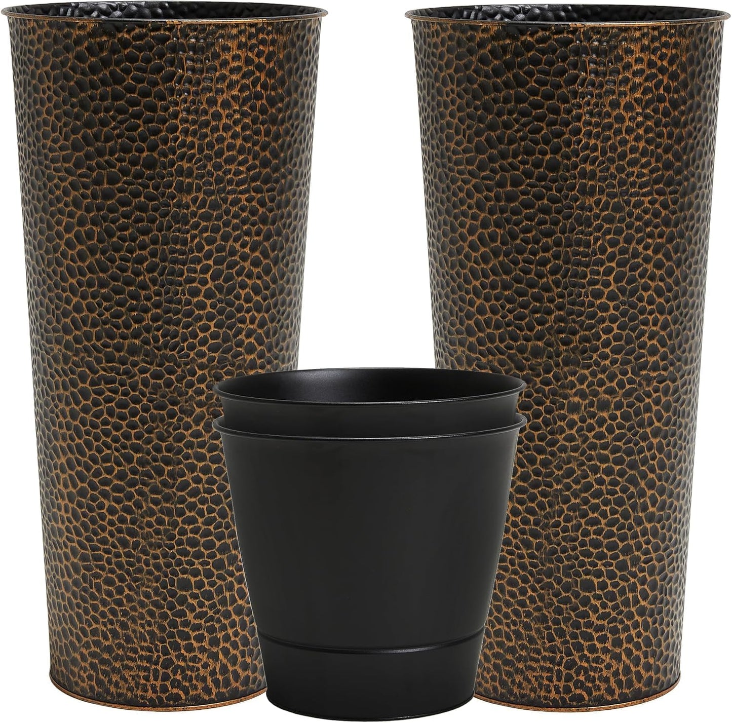 Worth Garden 2-Pack 28" H. Metal Planters with 2X Inside Pots - Hand-Hammered Texture Tall Narrow Cone Plant Pots - Large Handcrafted Bronze Flower Pot for Indoor Outdoor, Deck, Patio, Front Porch