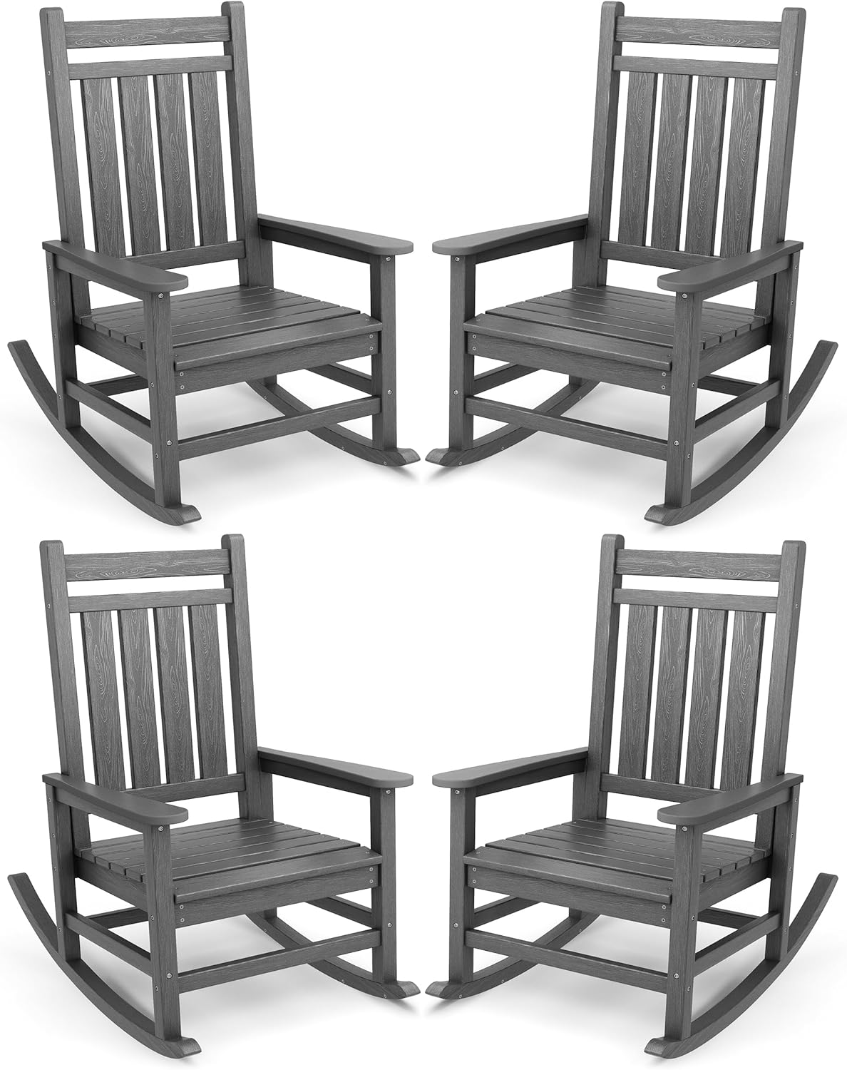 SERWALL Oversized Outdoor Rocking Chair Set of 4, HDPE Rocker for Adults, Patio Rocking Chairs for Porch, Grey