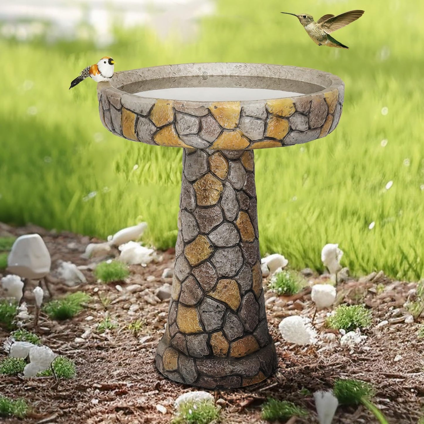 Outdoor Bird Bath - 24" H * 18.8" Φ Mosaic Stone Design BirdBath Perfect for Adding Interest to Your Garden, Patio, Backyard, Porch