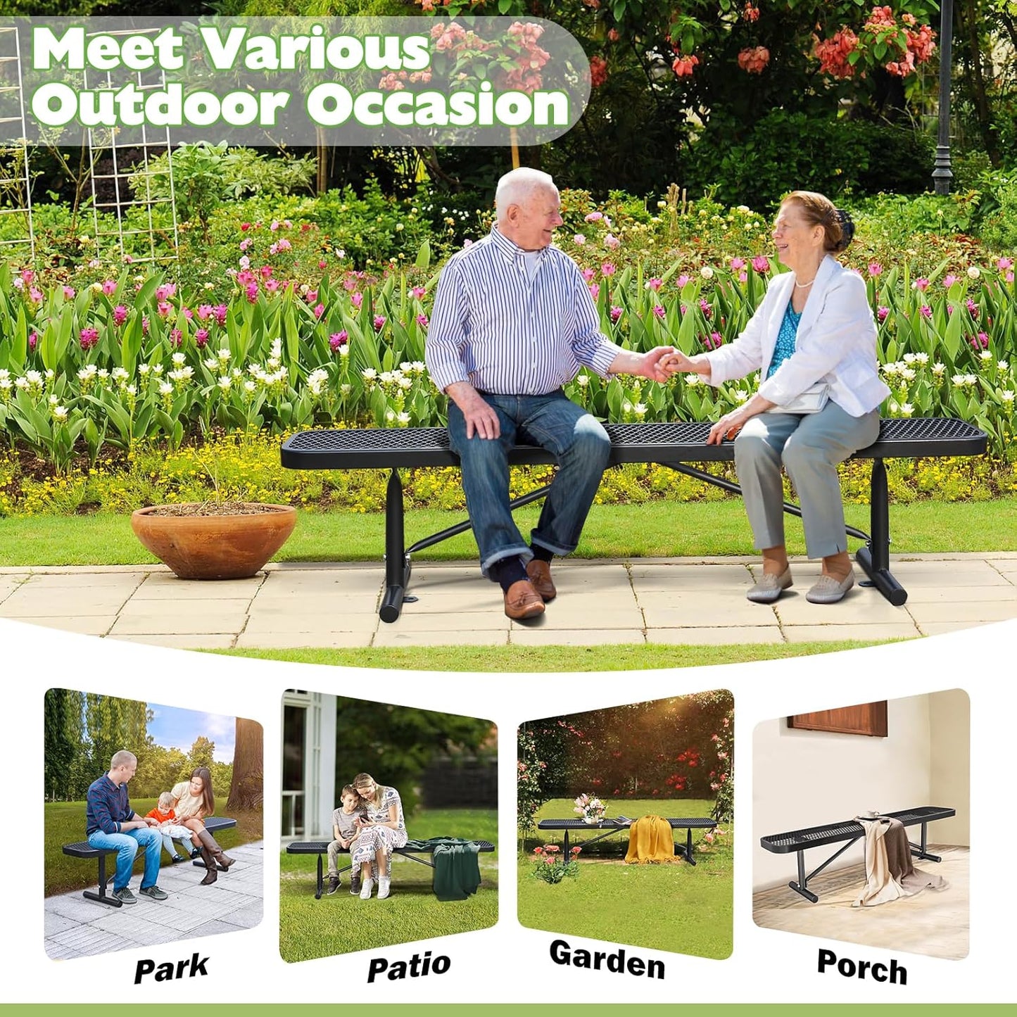 Thermoplastic Coated Iron Park Bench for Outside, Heavy Duty Metal Garden Bench, Expanded Commercial Grade Seating for Shopping Malls, Lawn Yard Porch Entryway (Black without Backrest, 72IN)