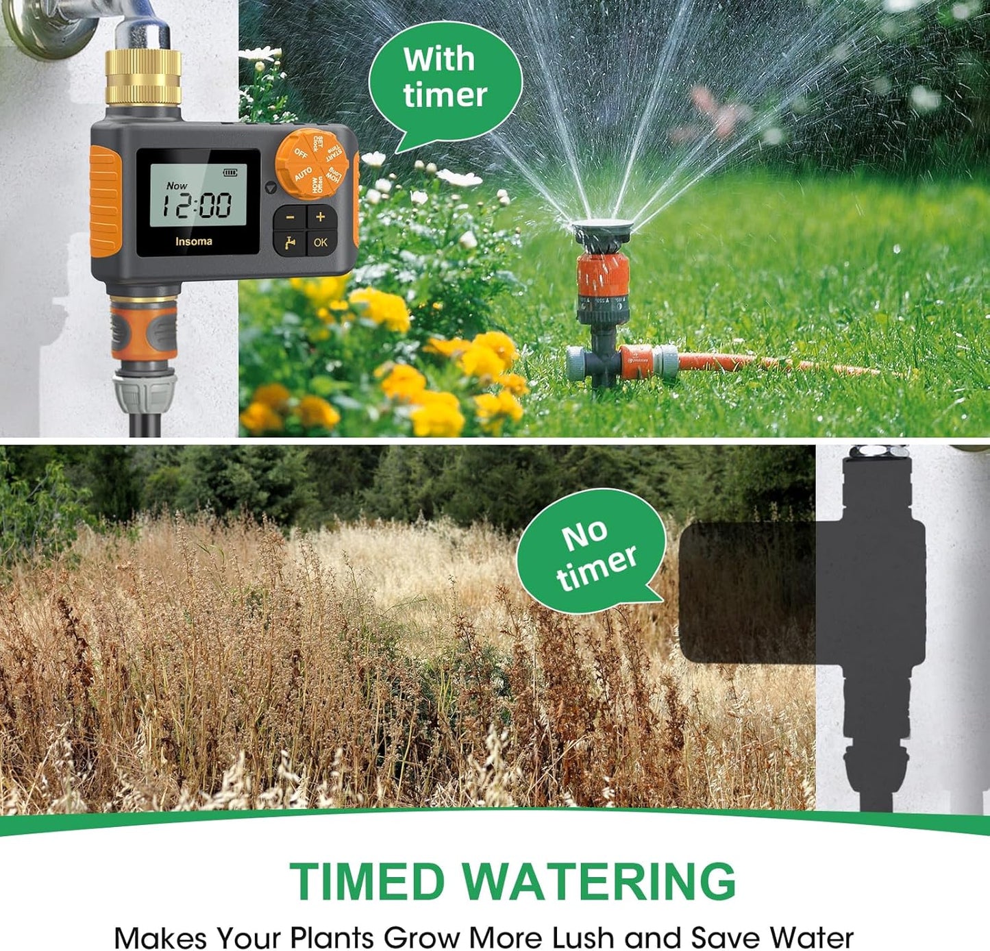 Digital Water Timer 1 Zone Brass Inlet & Outlet, Programmable Water Timer for Garden Hose, Automatic Control | Manual ON/Off | Rain Delay for Outdoor Faucet, Drip Irrigation and Lawn Watering System