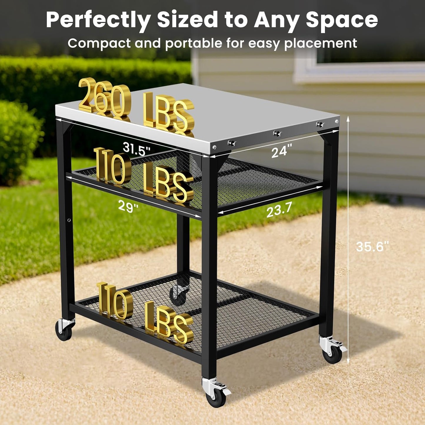 Pizza Oven Table for Ninja Woodfire, Blackstone, Cuisinart, 32x24 Inch Stainless Steel Outdoor Grill Prep Cart with Hooks, Portable Food Station