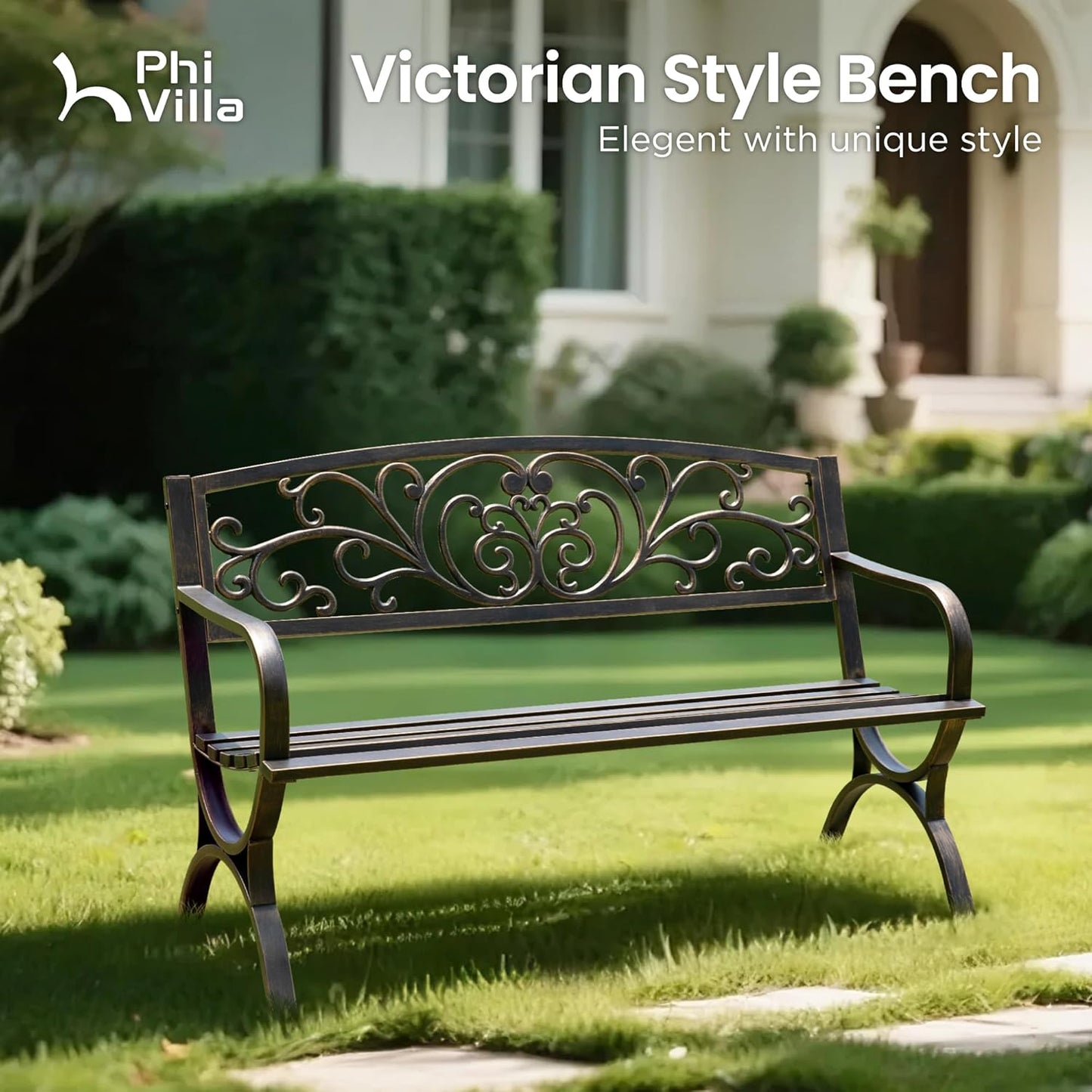 PHI VILLA 50Inch Cast Iron Steel Frame Garden Bench Patio Furniture Chair Outdoor Bench w/Floral Design Backrest, Slatted Seat for Park, Yard & Porch, Bronze