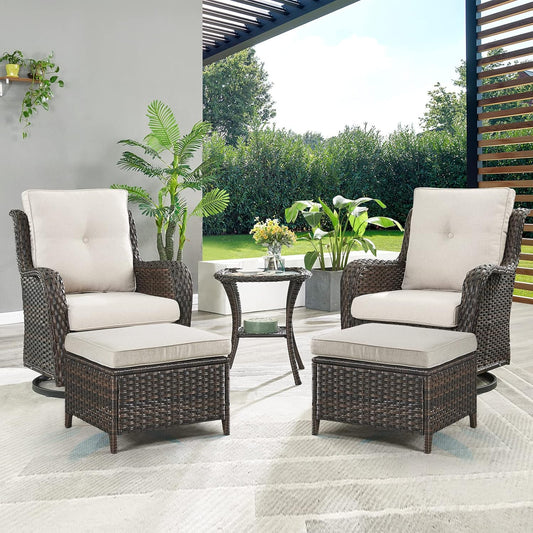 Outdoor Wicker Patio Furniture Set - 5 Pieces Rattan Patio Conversation Set with 2 Rocking Swivel Chairs,2 Ottomans and 1 Side Table for Porch Deck Backyard Garden(Brown/Beige)