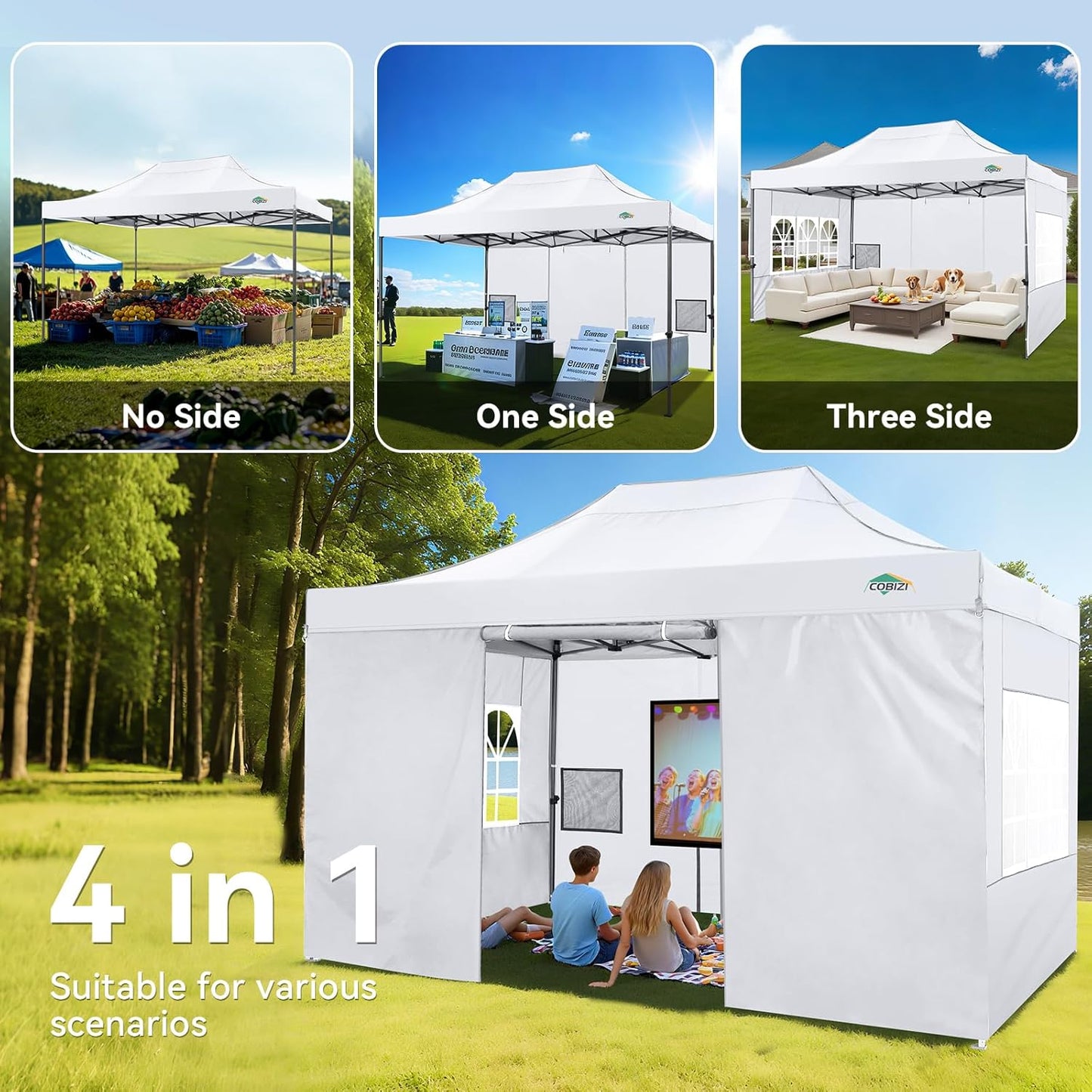 COBIZI 10x15 Pop up Canopy Heavy Duty with 4 Sidewalls, Easy Set-up Commercial Outdoor Party Canopy, 100% Waterproof Wedding Gazebo, 3 Height Adjustable with Handbag, White