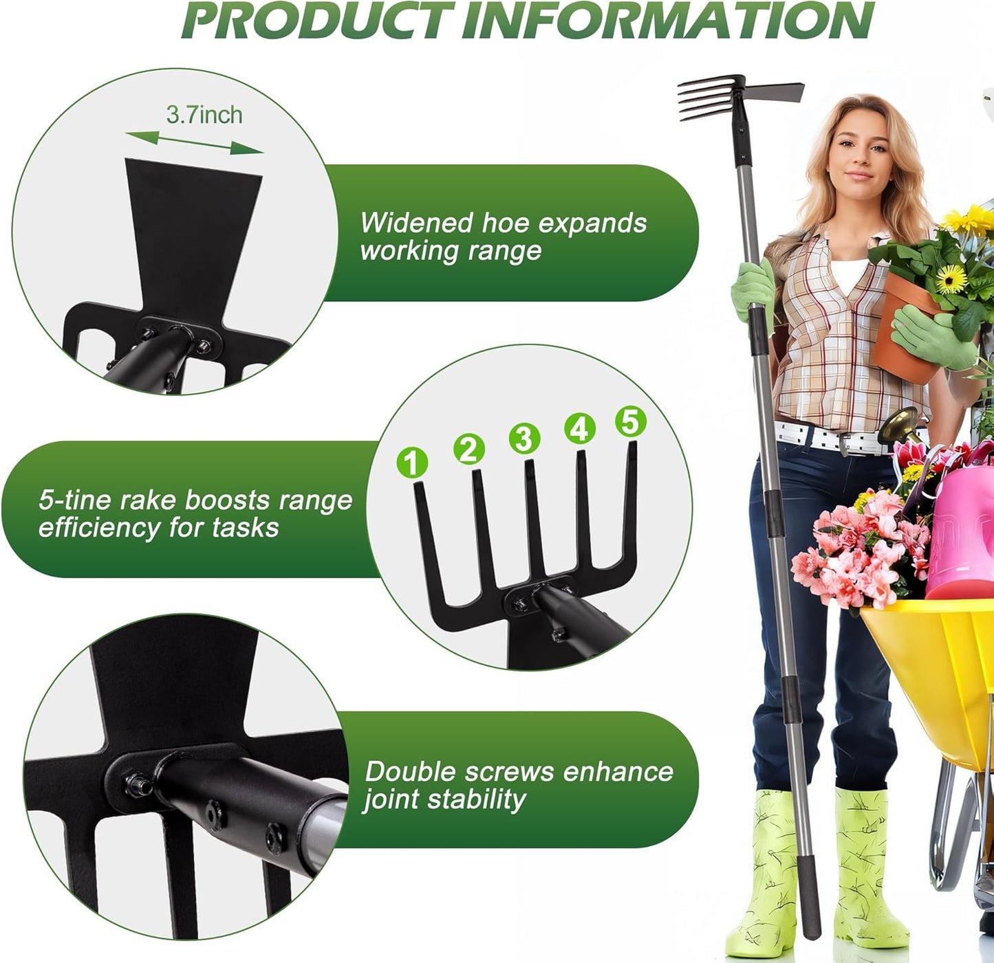 Walensee Hoe Garden Tool, 63 Inch Garden Hoe with Adjustable Long Handle for Weeding, 5-Tines Hoe Cultivator 2 in 1 Hand Weeder Tools for Yard Lawn Planting Gardening Digging