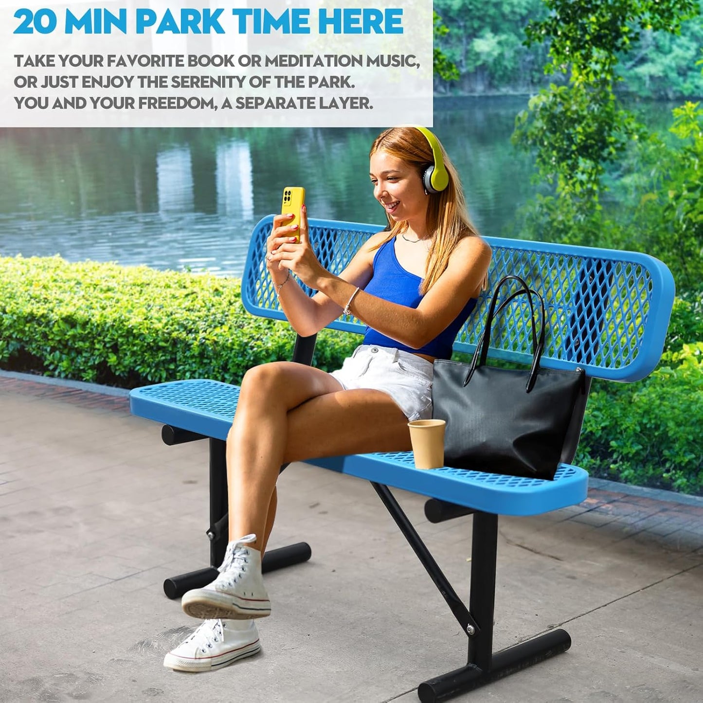 Thermoplastic Coated Iron Park Bench for Outside, Heavy Duty Metal Garden Bench, Expanded Commercial Grade Seating for Shopping Malls, Lawn Yard Porch Entryway (Blue with Backrest, 48IN)