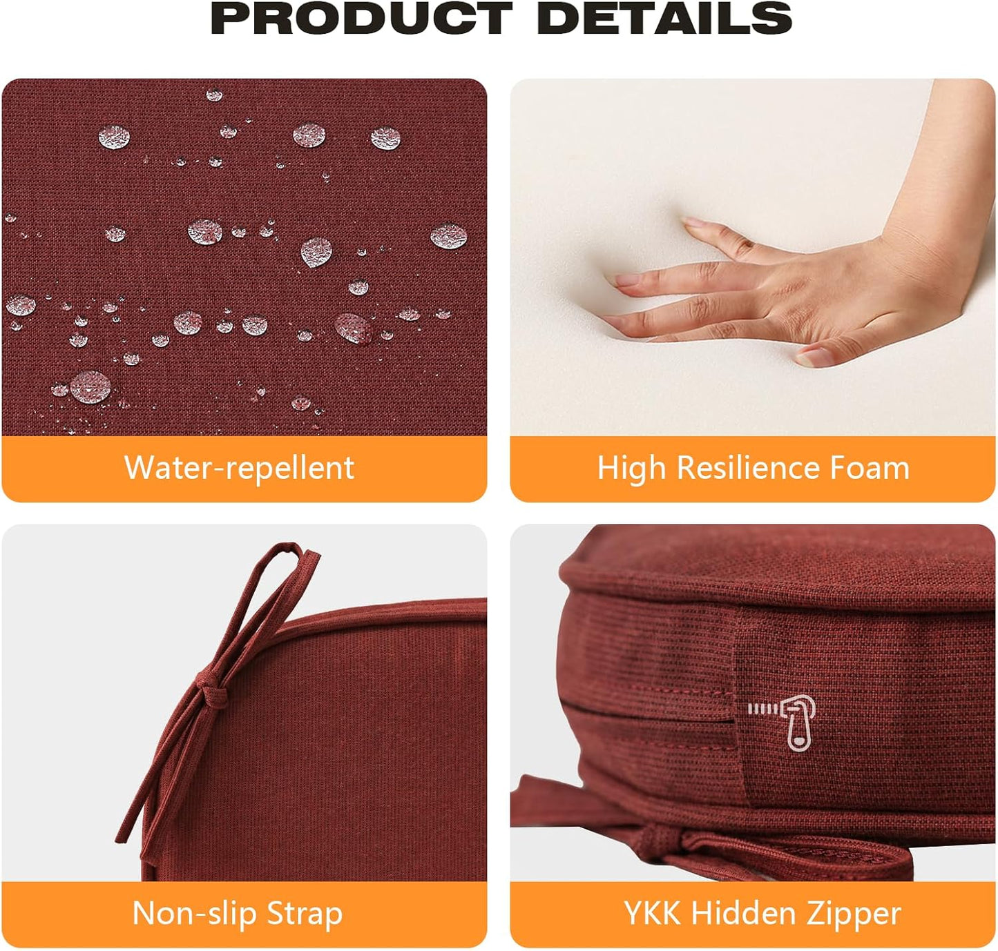 Sunbrella Round Corner Seat Cushions, 17" x 16" x 2", Set of 4, Indoor Outdoor Water Repellent Universal Chair Pads with Ties for Patio Furniture, Garden Dining Chairs, Spectrum Brick