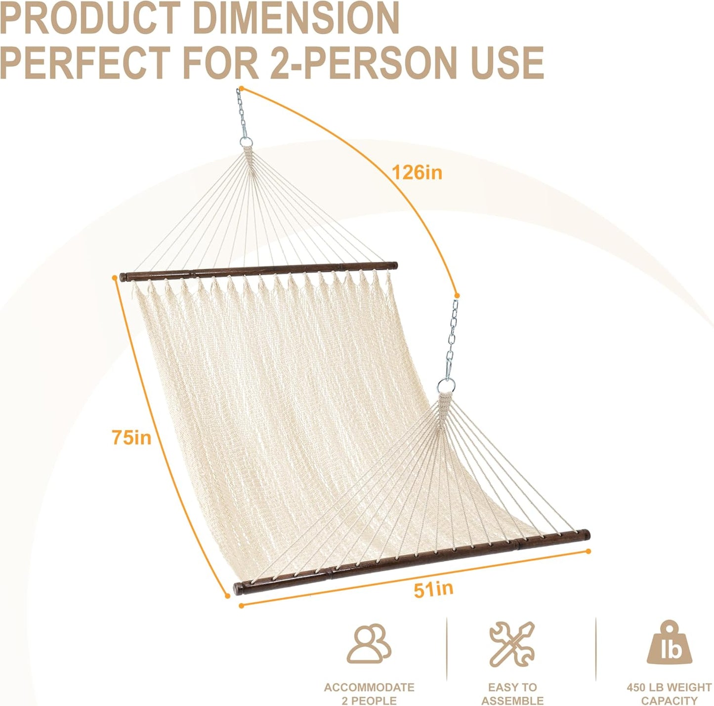 Lazy Daze Hammocks 10.5 FT Double 2 Person Caribbean Rope Hammock, Hand Woven Polyester Hammock with Spreader Bars, for Outside Outdoor Backyard Patio Poolside,450 LBS Capacity, Cream