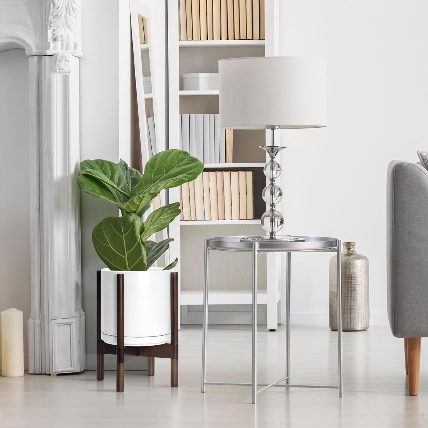 D'vine Dev Ceramic Planter with Walnut Color Stand - 10 Inch Modern Round Flower Pot with Wood Planter Holder, White, 55-B-X-1