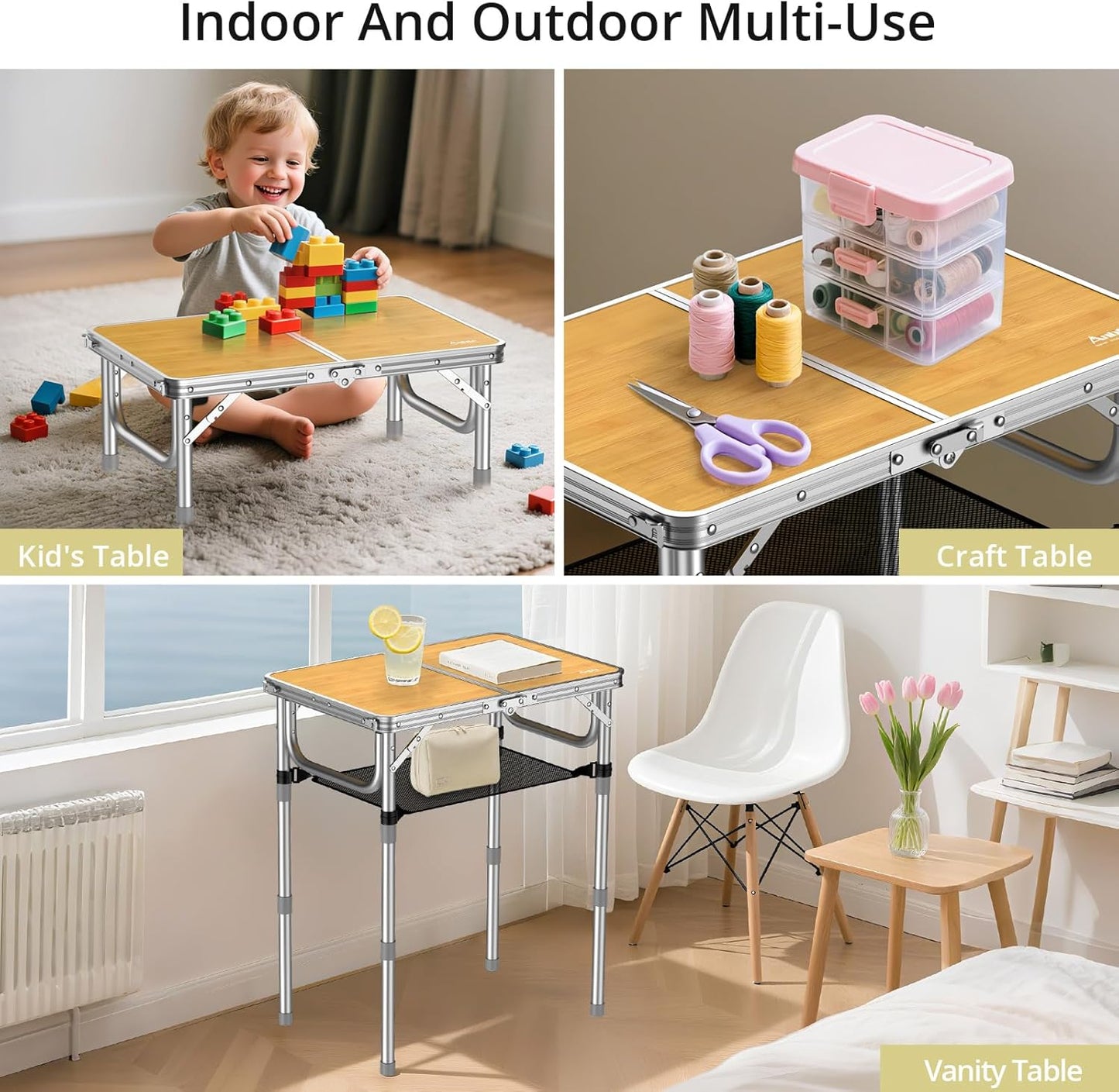 2ft Camping Table Foldable, 3 Adjustable Heights High 27.5" Aluminum Small Folding Table with Carrying Handle, Portable, for Outdoor Indoor Picnic Beach BBQ Party Travel, 24" x 16", Yellow