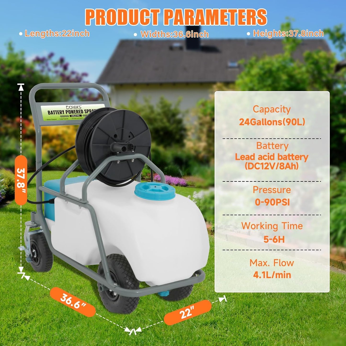 24 Gallon Battery Powered Sprayer with Wheeled Cart,0-90PSI,5-6h Spray Time,164FT Hose with Reel,Adjustable HD Wand and 10 Nozzles, Rotating Wheels with Brake for Lawn & Garden Spraying,Cleaning