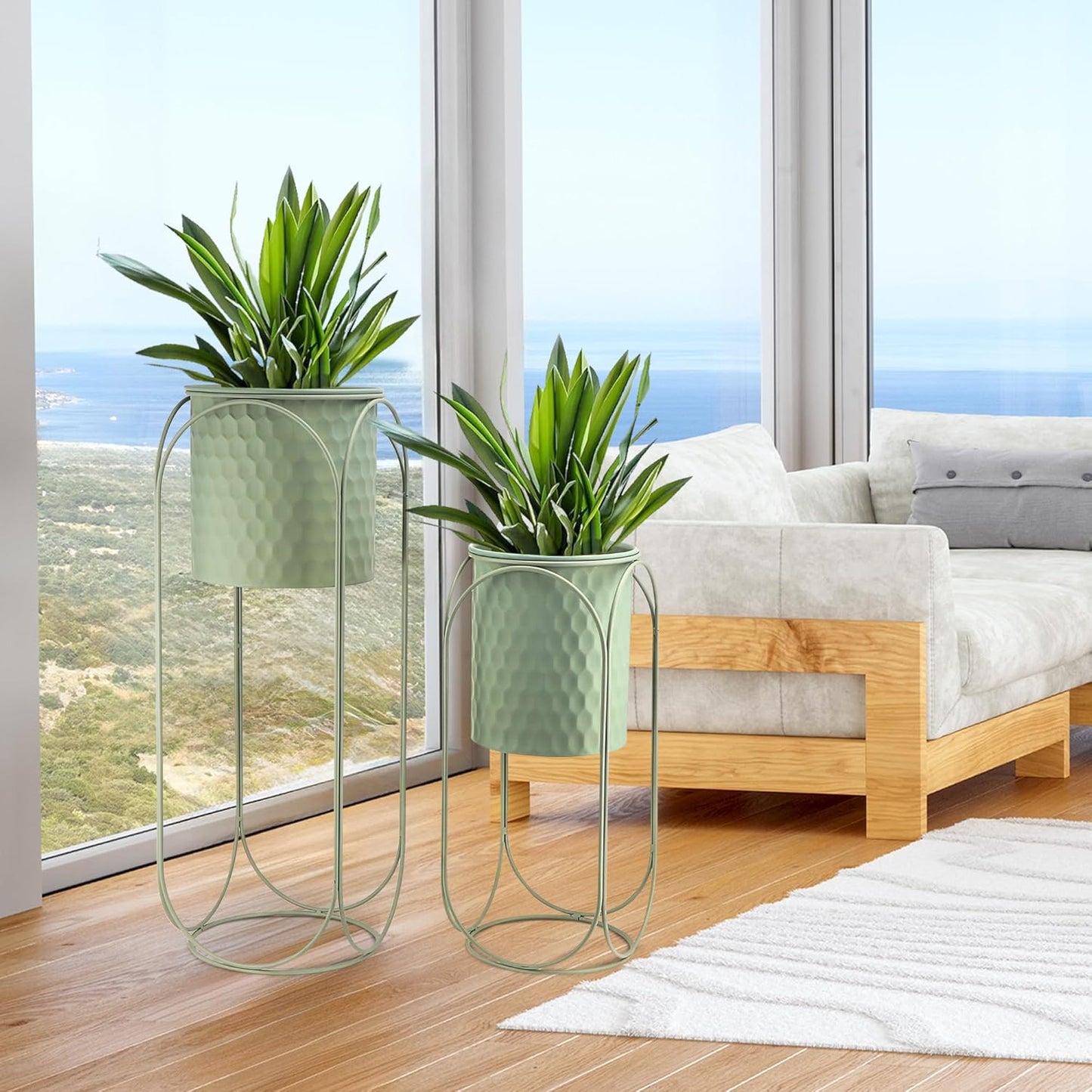 TRIROCKS Set of 2 Planters with Stand Indoor Otdoor Planters for Indoor Plants 26 &18" H Large Plant Pots for Living Room Corner Kitchen Office Garden Balcony Patio Decor(Green)