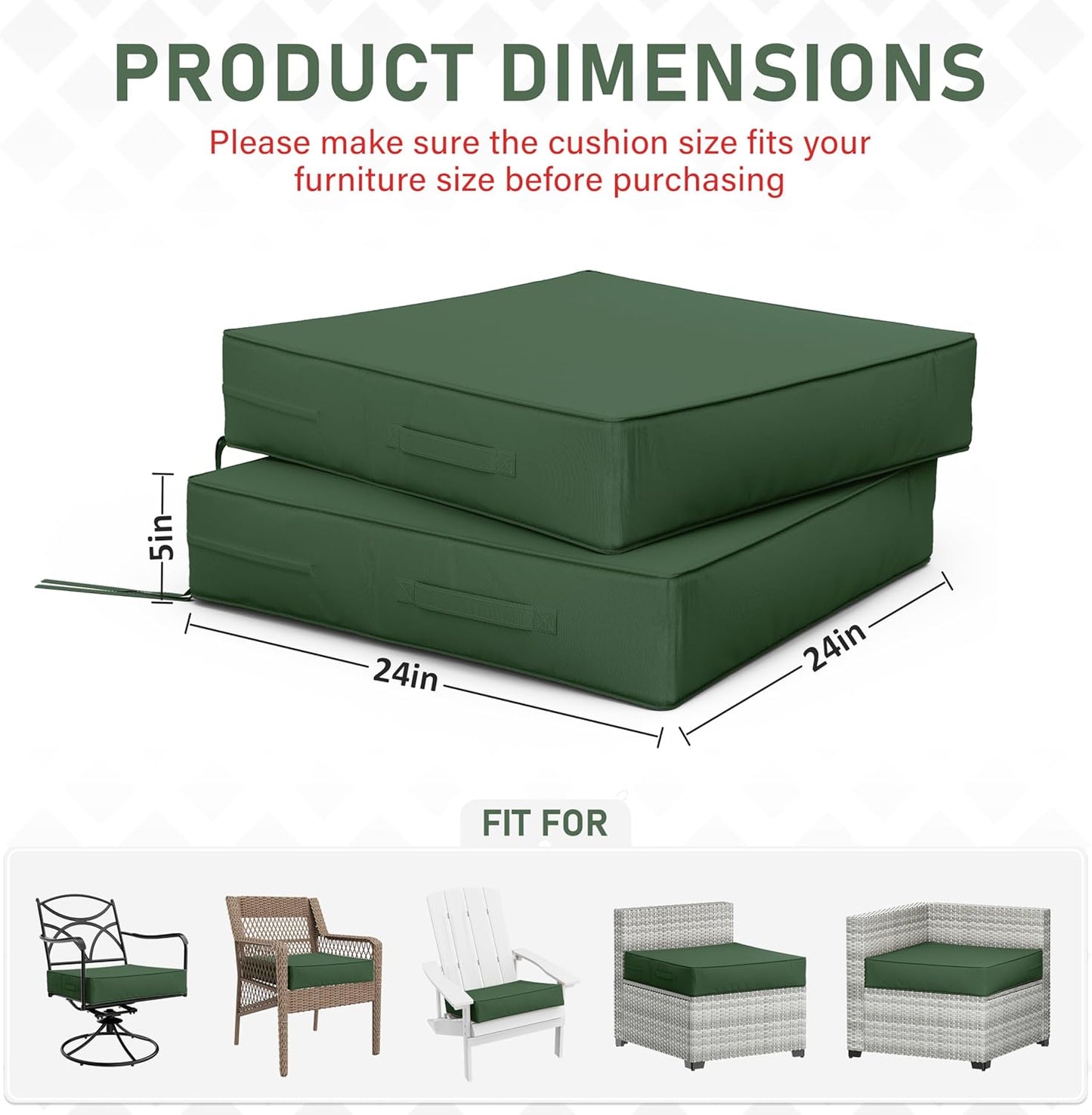 Patio Chair Cushions 24 X 24 X 5 Inch Waterproof Outdoor Seat Cushions for Patio Furniture, Outdoor Sofa Couch Pads with Ties & Handle, Set of 2, Green