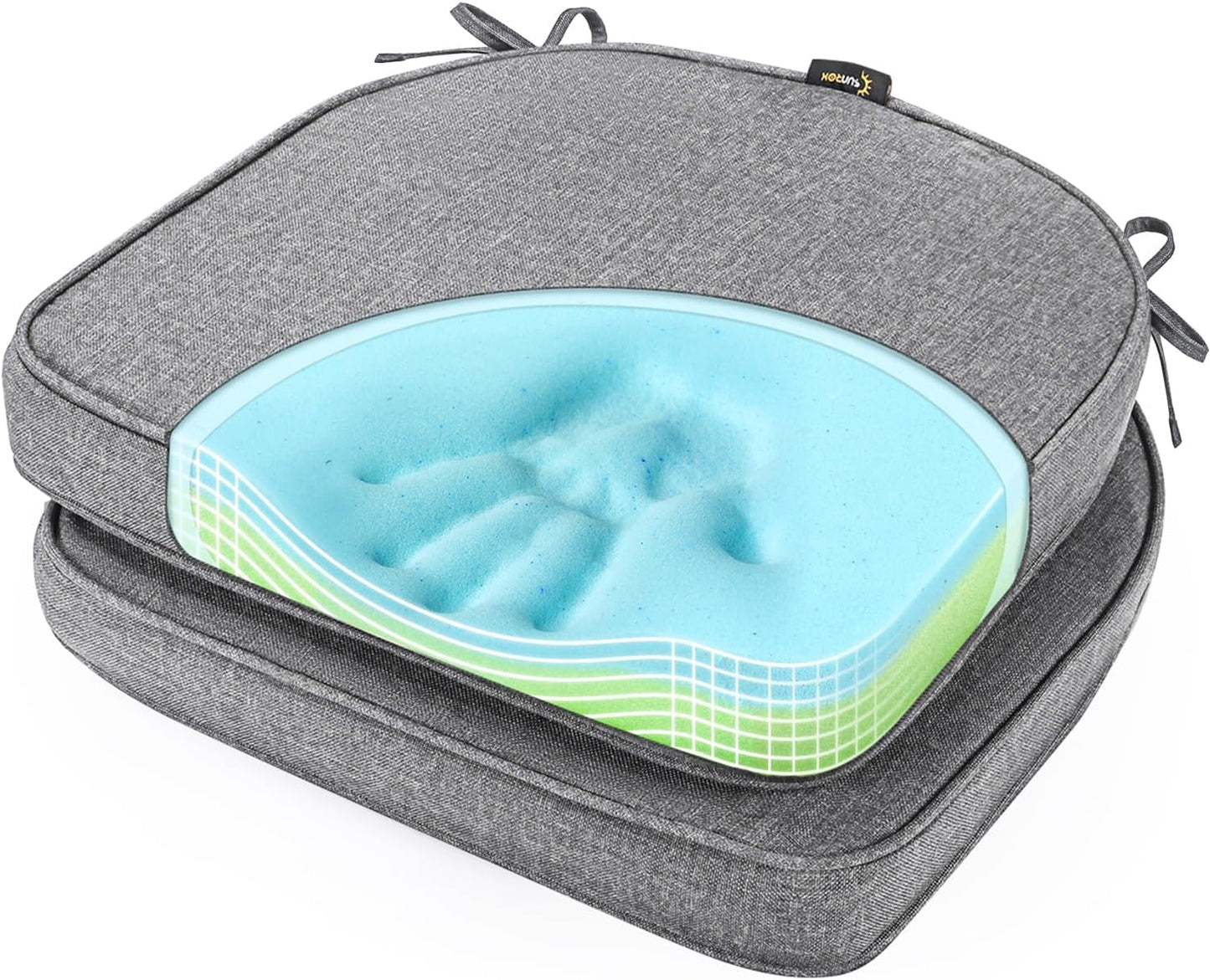 SUNROX Gel Memory Foam Chair Cushions, FadeShield Water-, Stain-Resistant Durable Reversible Seat Cushion Pads with Ties for Indoor/Outdoor Kitchen Dining Office 17"x16" Set of 2, Heather Charcoal